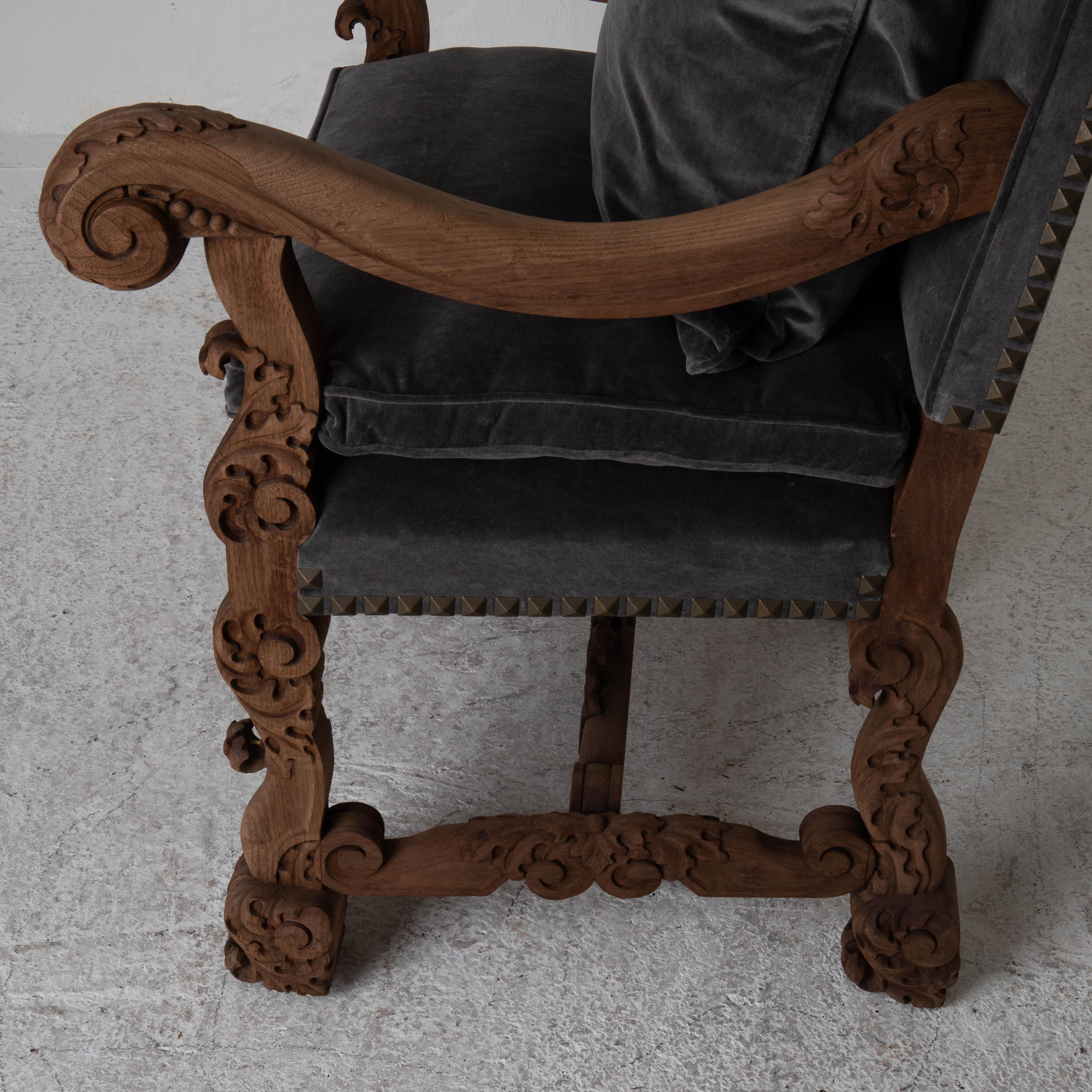 18th Century and Earlier Armchairs Pair Large Baroque Swedish 1650-1750 Gray Velvet Sweden For Sale