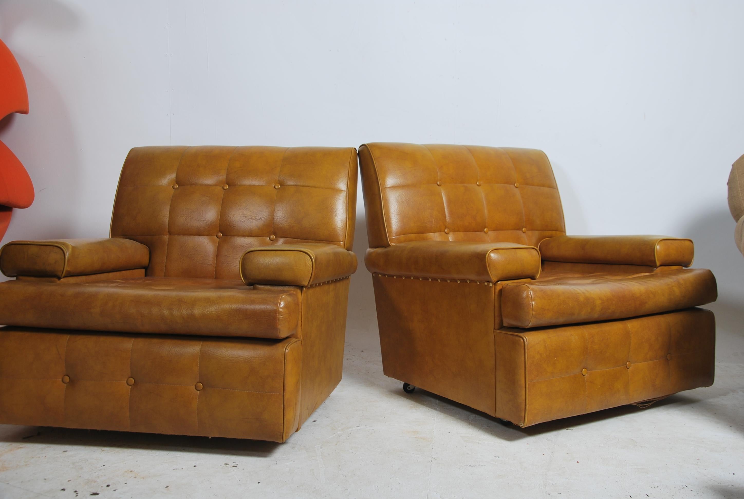 Armchairs, Pair, Lounge, Tan, Vinyl, 1960s, Danish, Modern Design, Tufted In Excellent Condition For Sale In BUNGAY, SUFFOLK