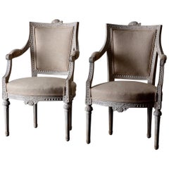 Armchairs Pair of Gustavian 19th Century Swedish White Beige Sweden