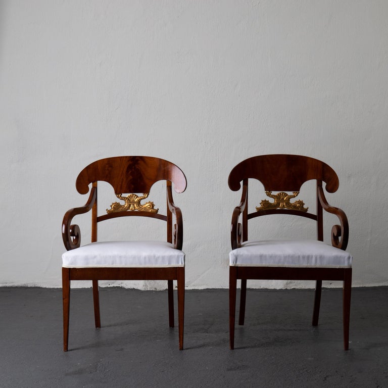 A pair of armchairs made during the Empire / Karl Johan period in Sweden 1810-1830. Veneered in a beautiful dark brown mahogany and decorated with two gilded dolphins. Sabre back legs and straight front legs. Upholstered in a white cotton