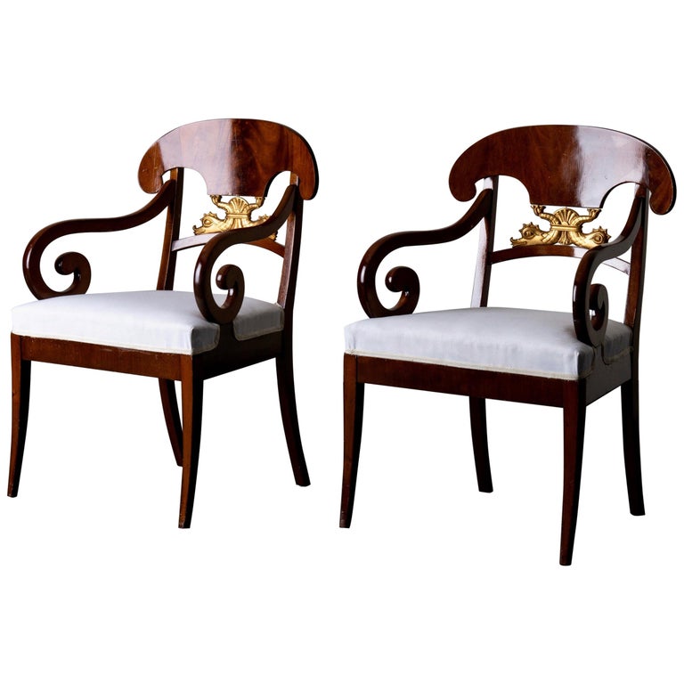 Armchairs Pair of Swedish Empire 19th Century Mahogany Gilded, Sweden For Sale