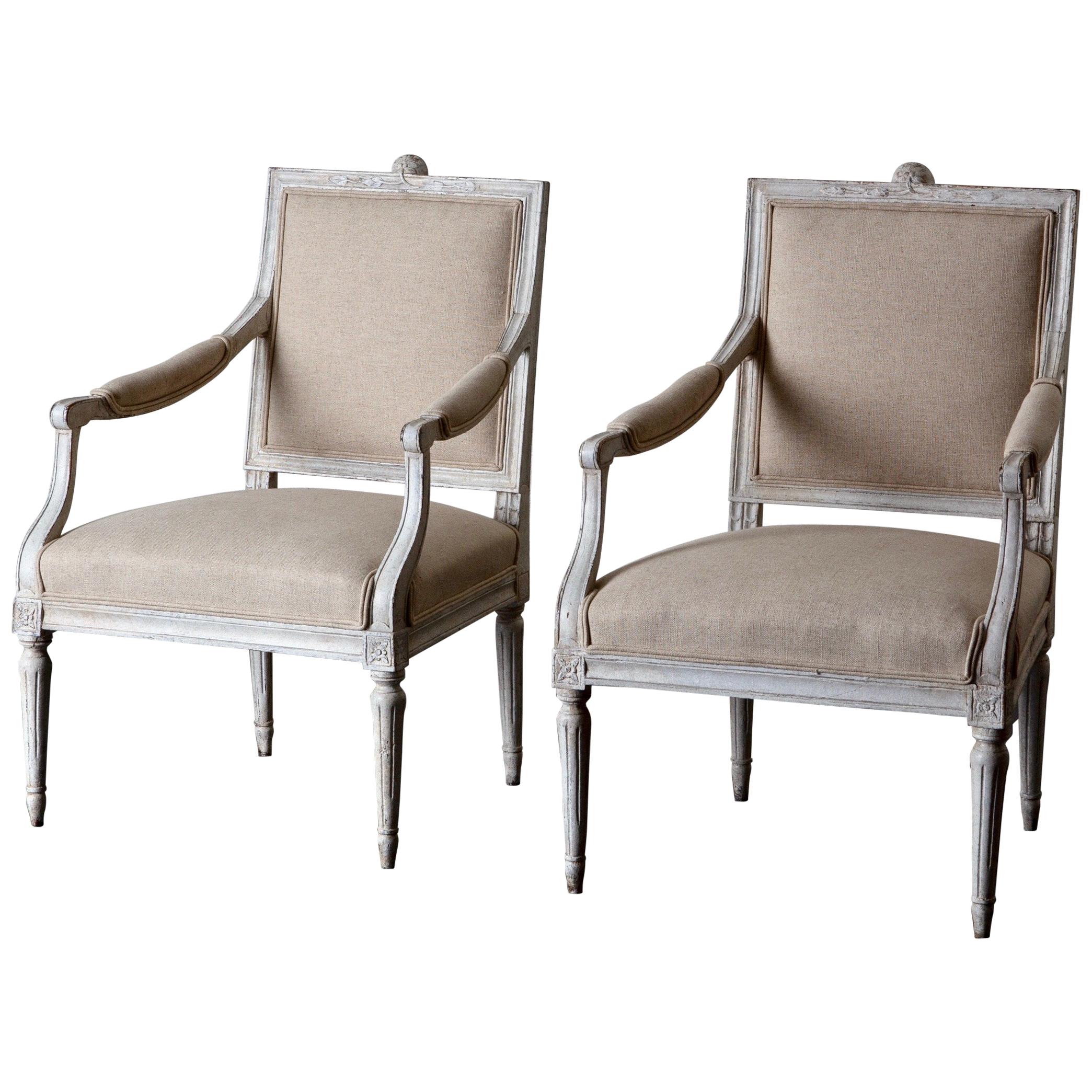 Armchairs Pair of Swedish Gustavian, 1790-1810 White Beige, Sweden