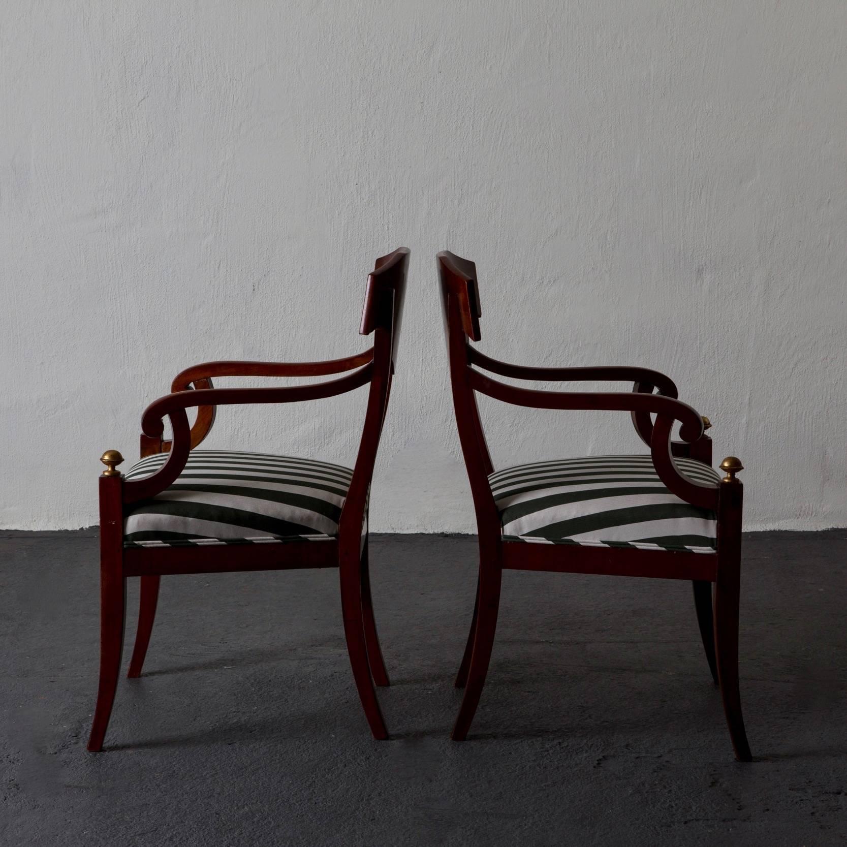 Empire Armchairs Pair of Swedish Mahogany Brown Gilded Details Green and White Seat For Sale