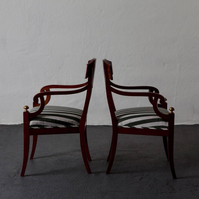 Empire Armchairs Pair of Swedish Mahogany Brown Gilded Details Green and White Seat For Sale