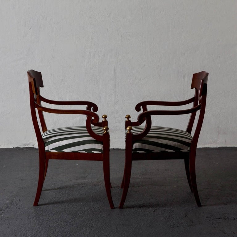 19th Century Armchairs Pair of Swedish Mahogany Brown Gilded Details Green and White Seat For Sale