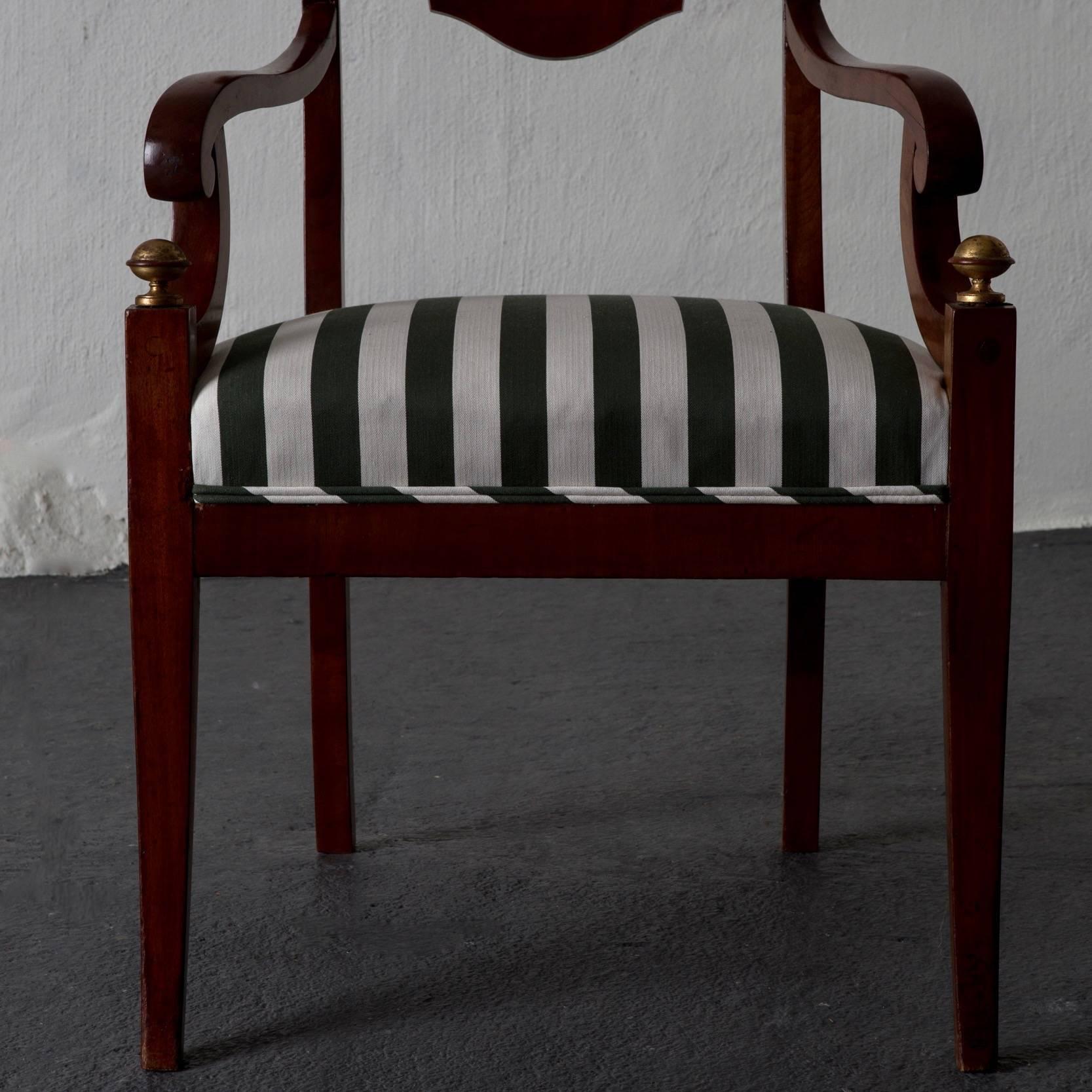 Armchairs Pair of Swedish Mahogany Brown Gilded Details Green and White Seat For Sale 4