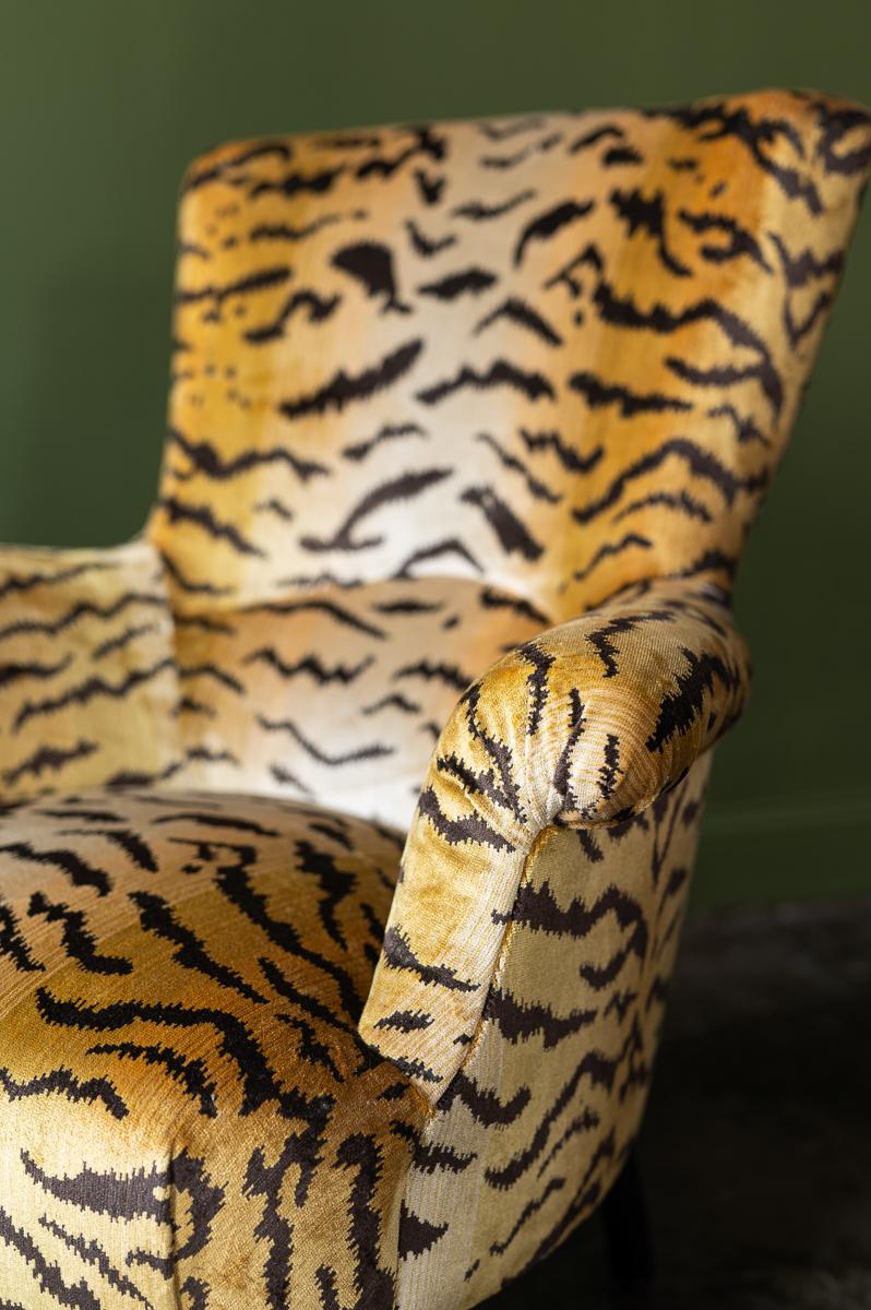 Armchairs recovered in Le Tigre fabric In Good Condition In Westport, CT