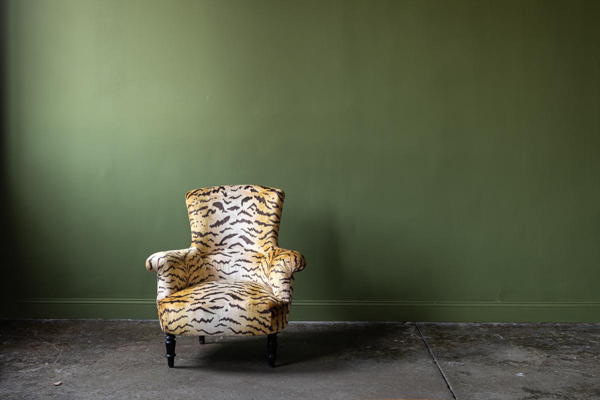 Armchairs recovered in Le Tigre fabric 1