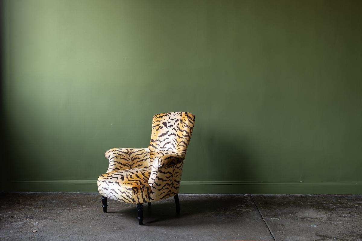 Armchairs recovered in Le Tigre fabric 2