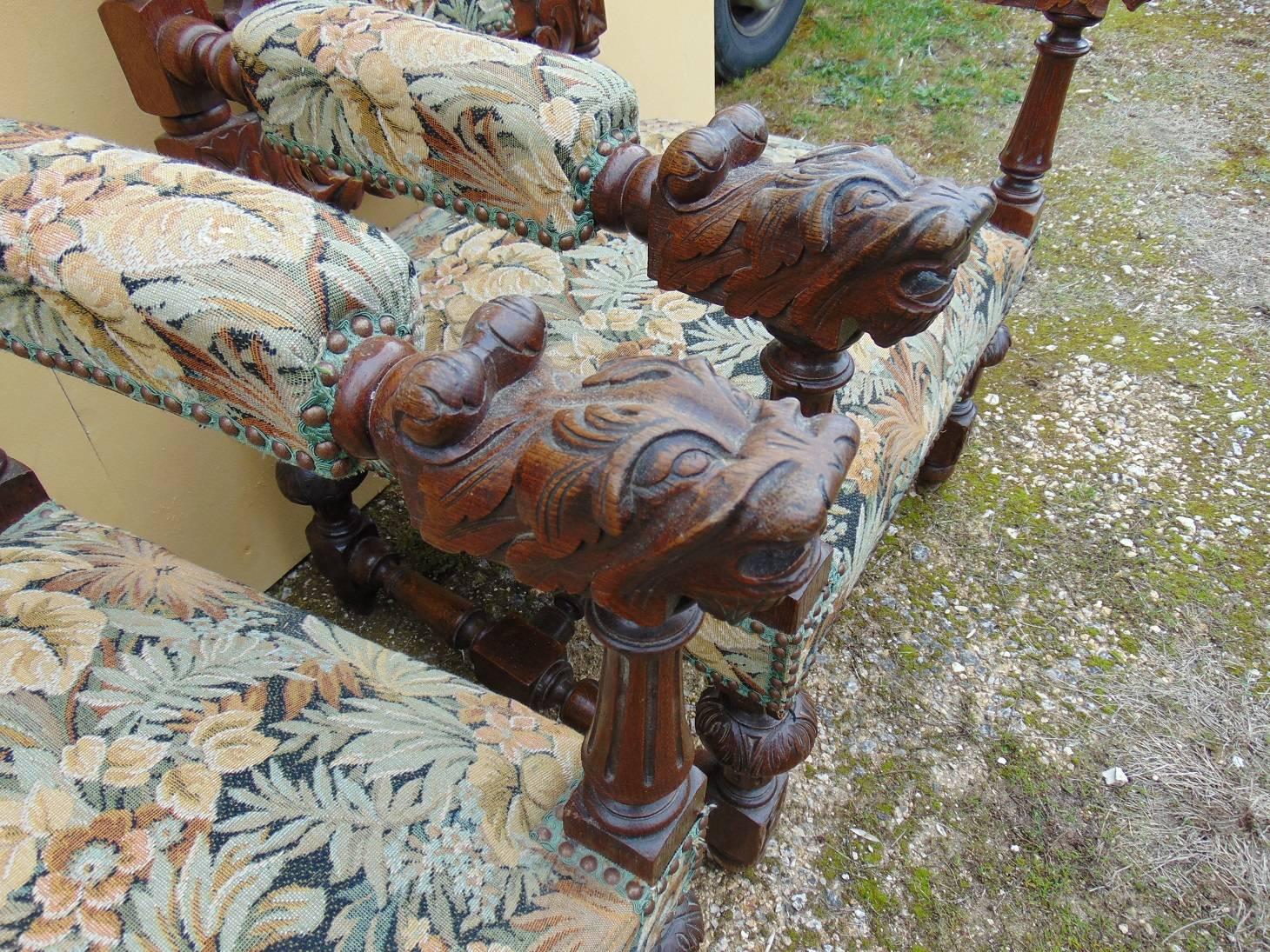 A superb pair of hand-carved Renaissance style Throne chairs in oak, circa 1870. Of fine quality and original patination.