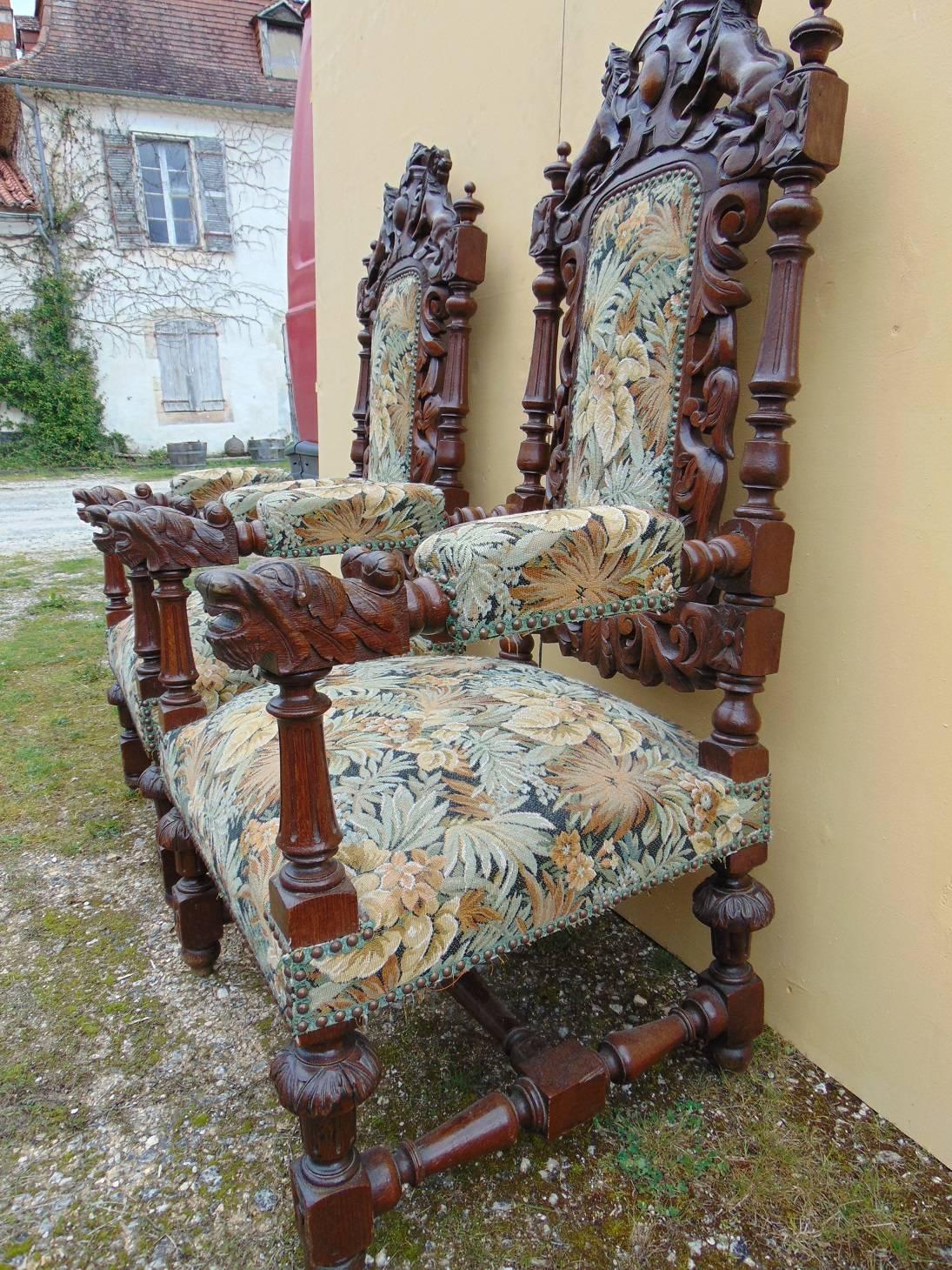 Late 19th Century Throne Armchairs Rennaisance Style Carved Oak, circa 1870