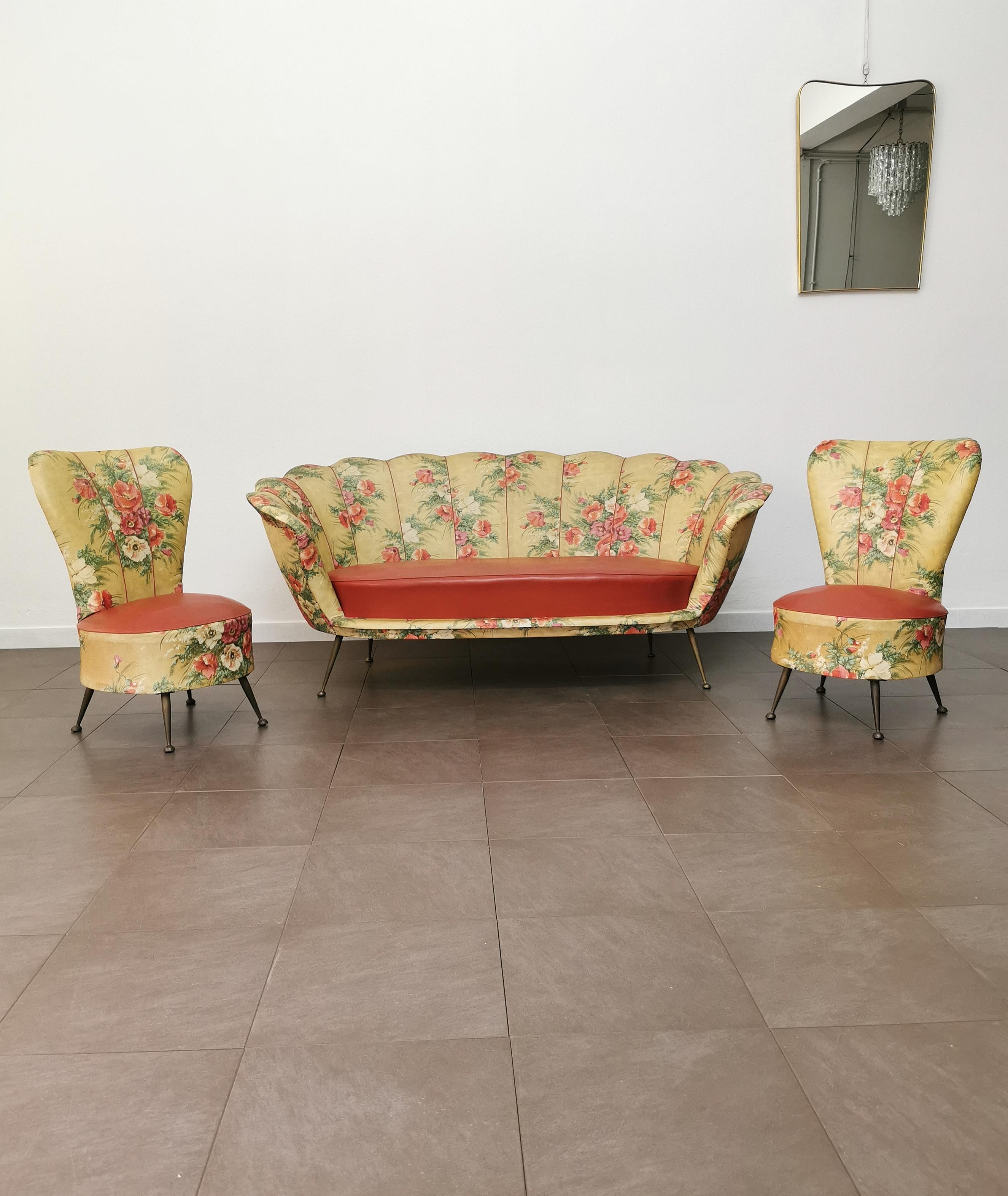Italian Armchairs Sofa Living Room Faux Leather Red Brass Midcentury Italy 1950 Set of 3