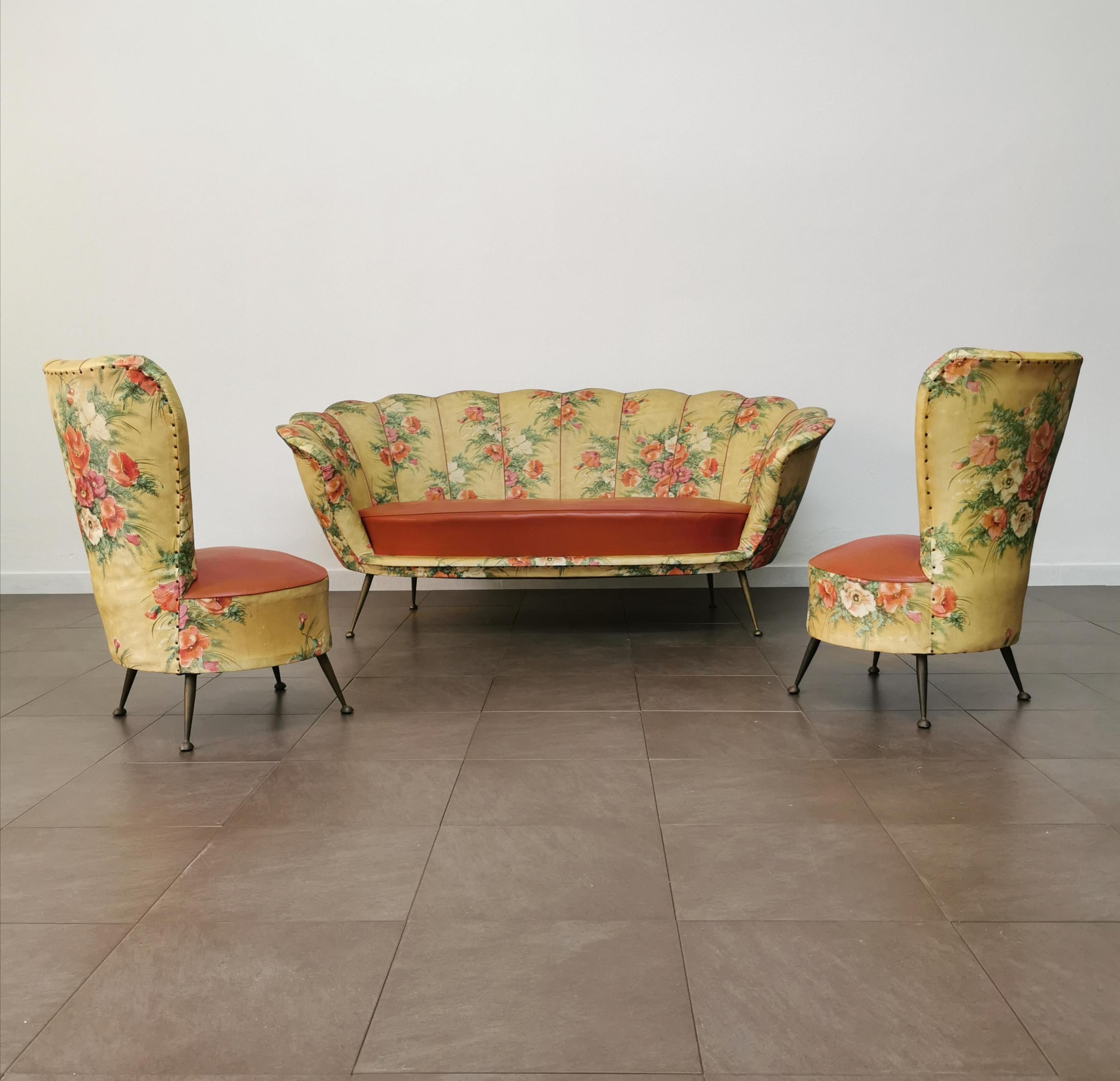 Armchairs Sofa Living Room Faux Leather Red Brass Midcentury Italy 1950 Set of 3 In Good Condition In Palermo, IT
