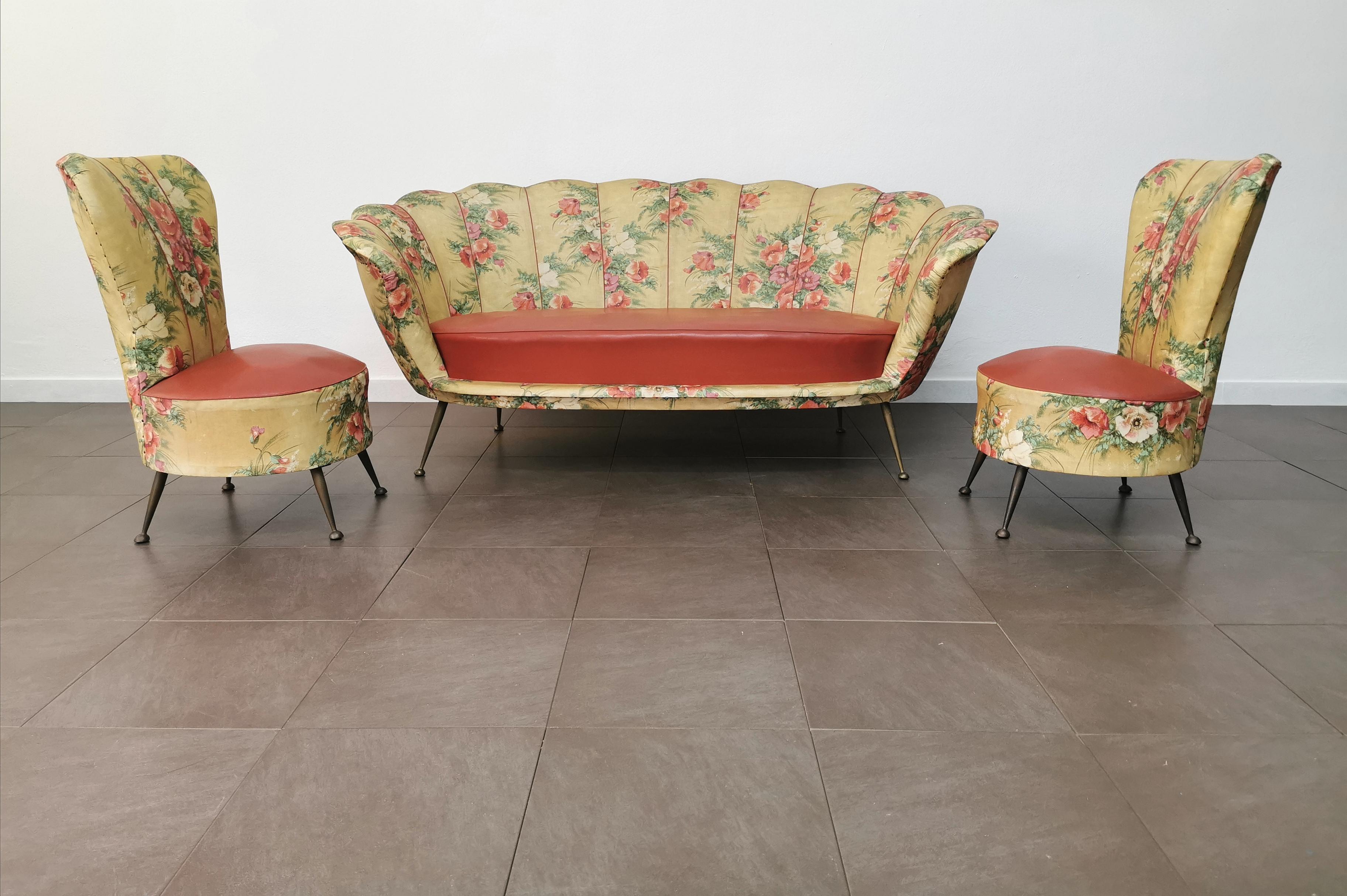 20th Century Armchairs Sofa Living Room Faux Leather Red Brass Midcentury Italy 1950 Set of 3