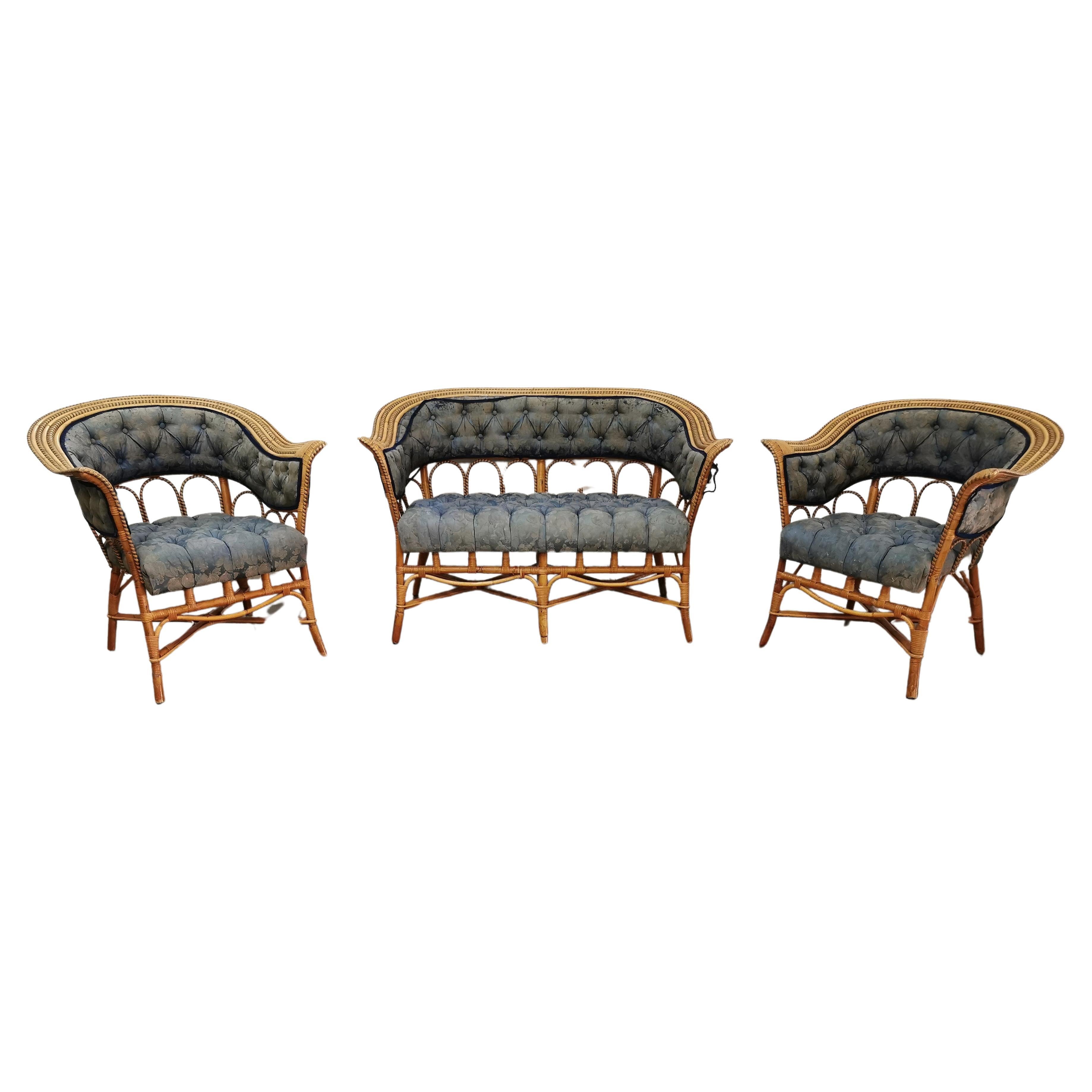 Armchairs Sofa Living Room Garden Rattan Bamboo Fabric Midcentury Italy Set of 3