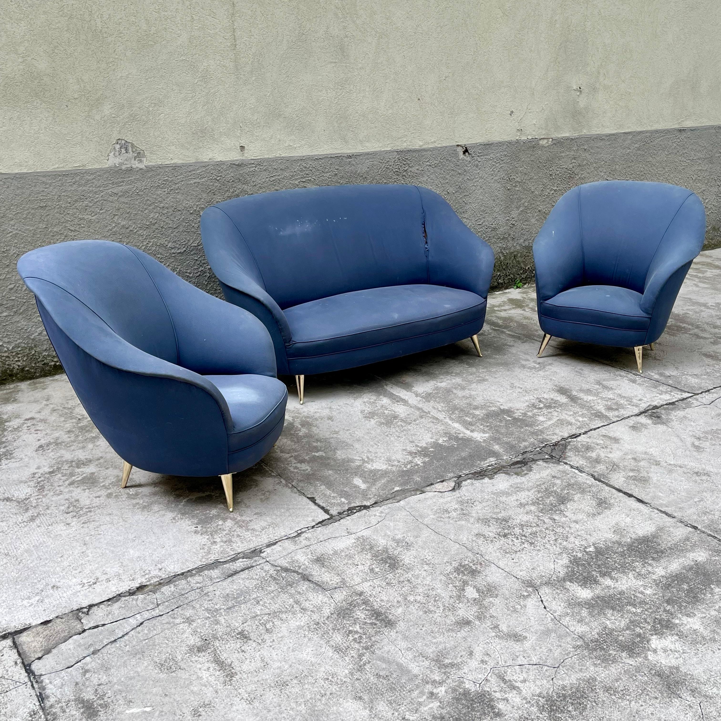 Mid-Century Modern Armchairs & Sofa with Original Upholstery from Isa Bergamo, 1950s, Set of 3
