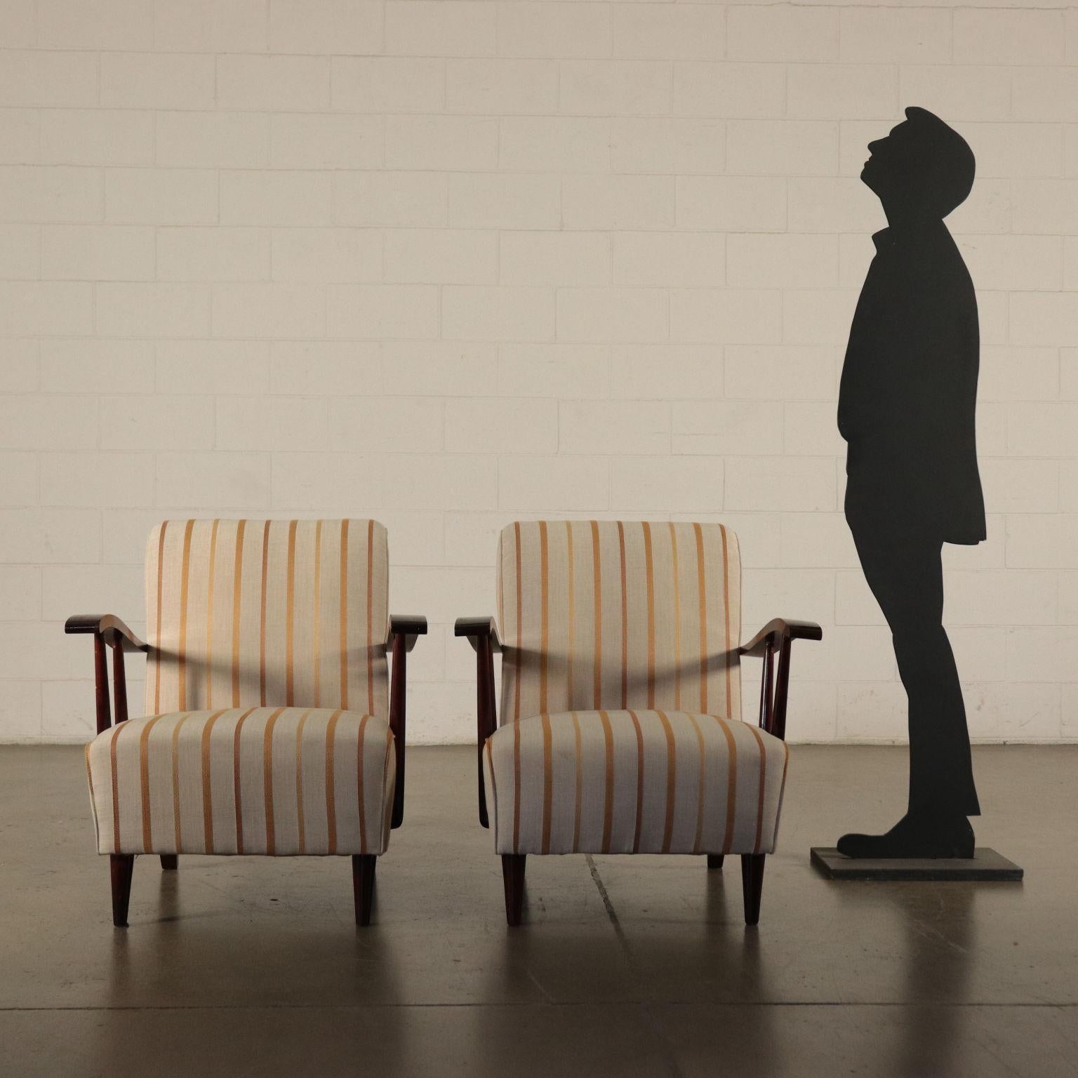 Pair of armchairs. Stained beech wood, springs padding, fabric covering. Good conditions, shows small signs of wear.