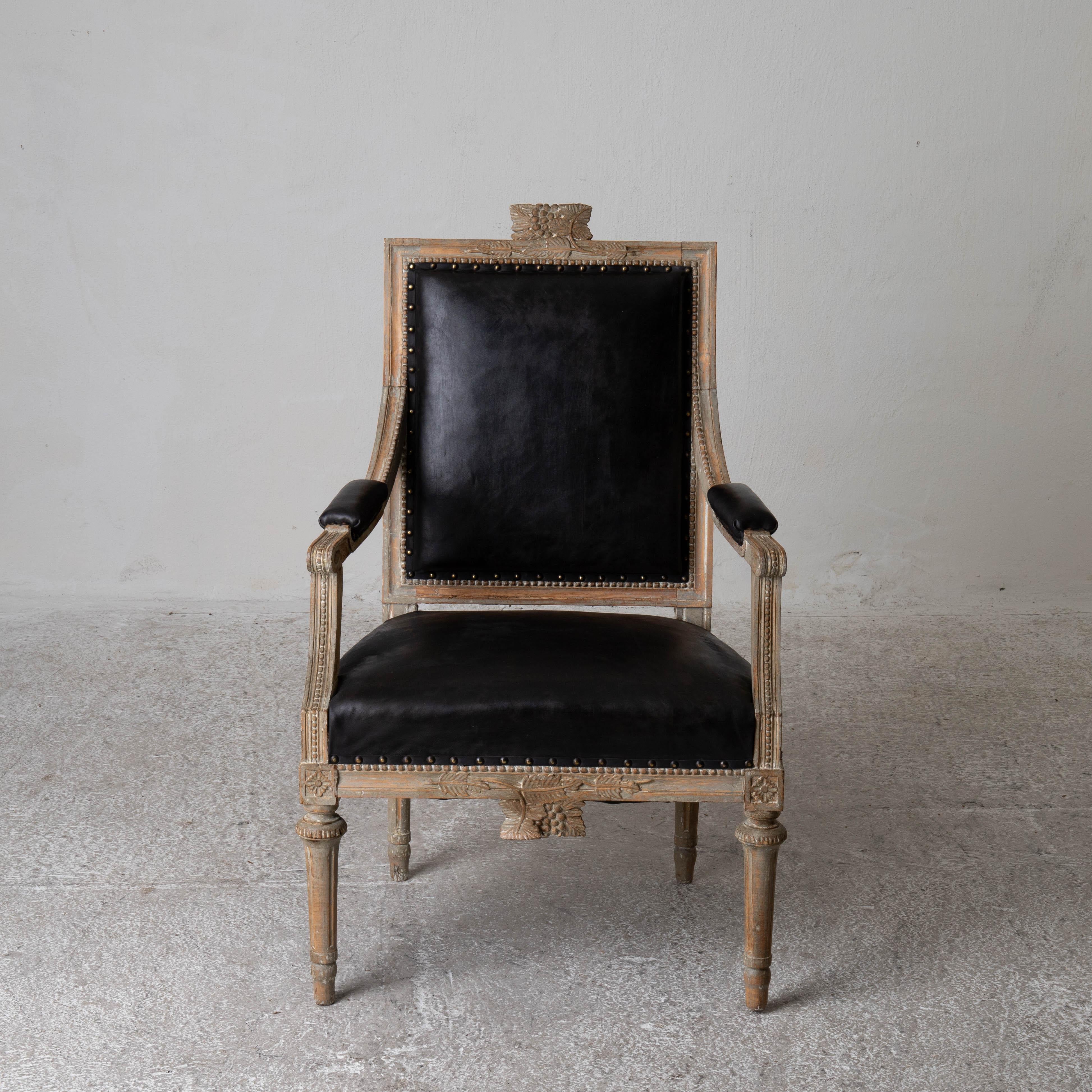 Armchairs Swedish Gustavian Original Paint Black Leather Carvings Sweden In Good Condition For Sale In New York, NY