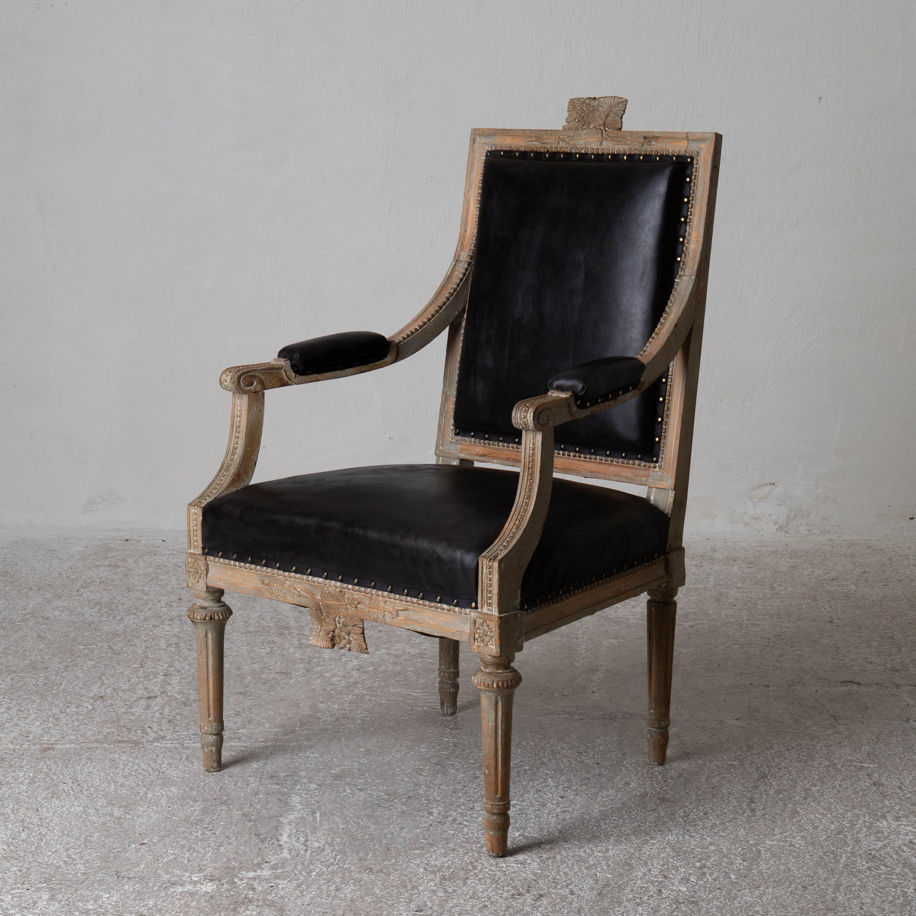 18th Century Armchairs Swedish Gustavian Original Paint Black Leather Carvings Sweden For Sale