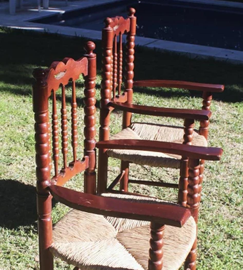 Oak Armchairs Turned Legs and Natural Fiber Seat Rope France, Pair For Sale