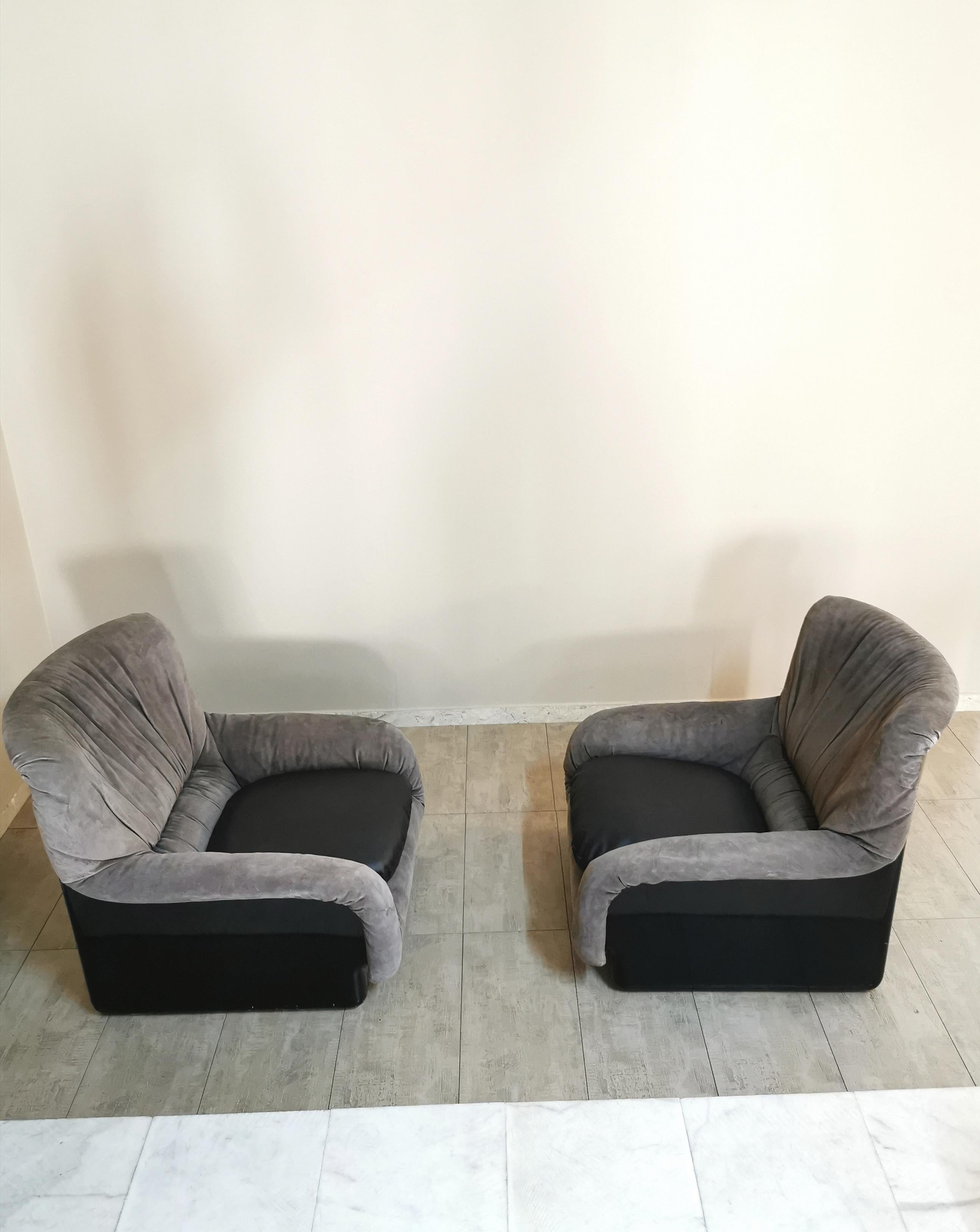 Mid Century Armchairs Black Leather Velvet Resin Italian Design 1970s Set of 2 In Fair Condition In Palermo, IT