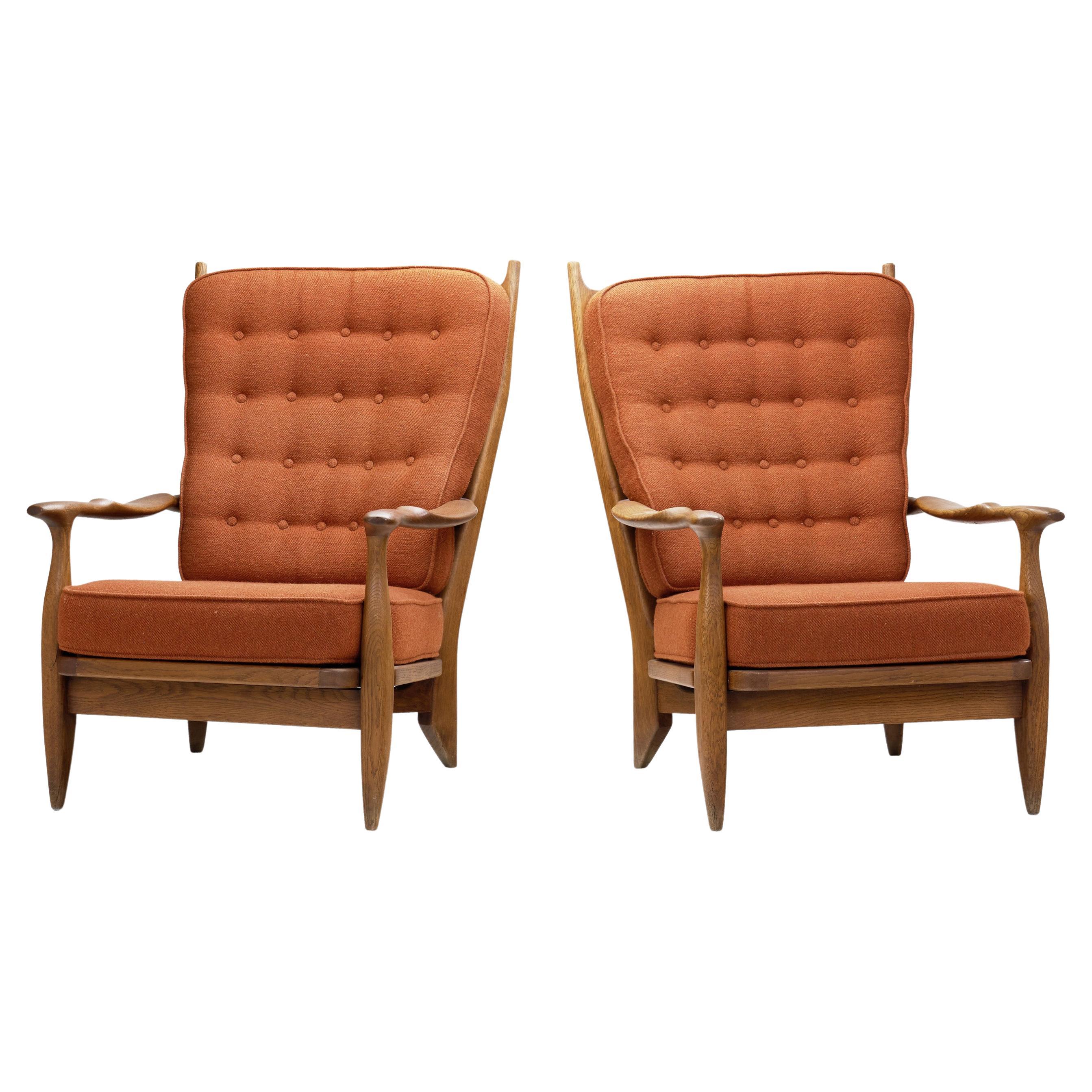 Armchairs with Terra Cotta Fabric by Guillerme and Chambron, France 1960s