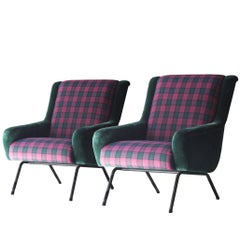 Armchairs with Wooden Structure and Upholstered Velvet and Tartan, Italia, 1950