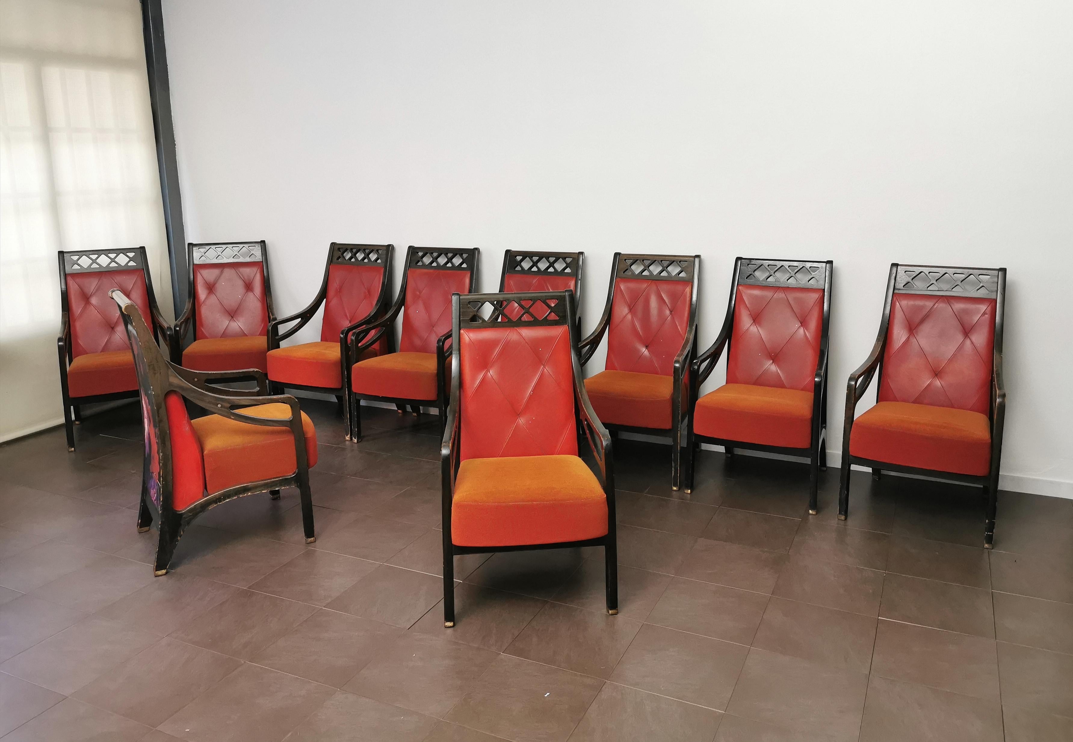 Armchairs Wood Velvet Red Leather Brass Art Deco Italian Design 1930s Set of 10 In Fair Condition For Sale In Palermo, IT