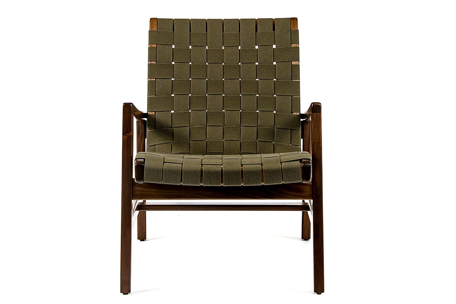 Mid-Century Modern Armed Lounge Chair with Light Walnut Frame with Khaki Cotton Webbing, Knoll