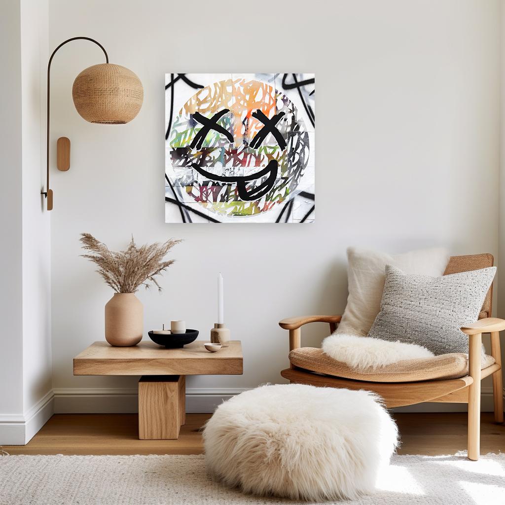 Excited - Abstract Colorful Experimental Smiley Face Pop Art Painting on Wood - Brown Abstract Painting by Armen Ges