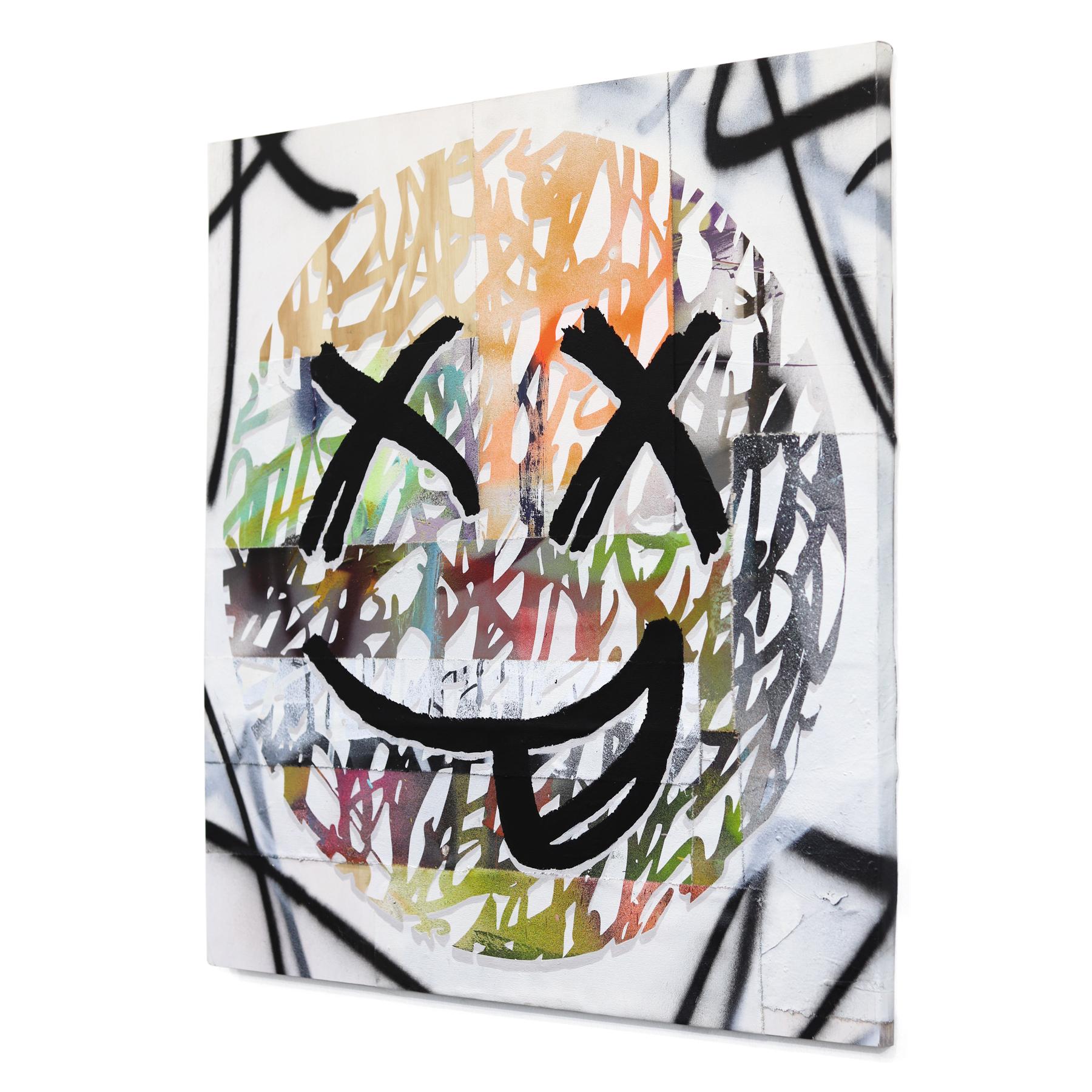 Excited - Abstract Colorful Experimental Smiley Face Pop Art Painting on Wood For Sale 1
