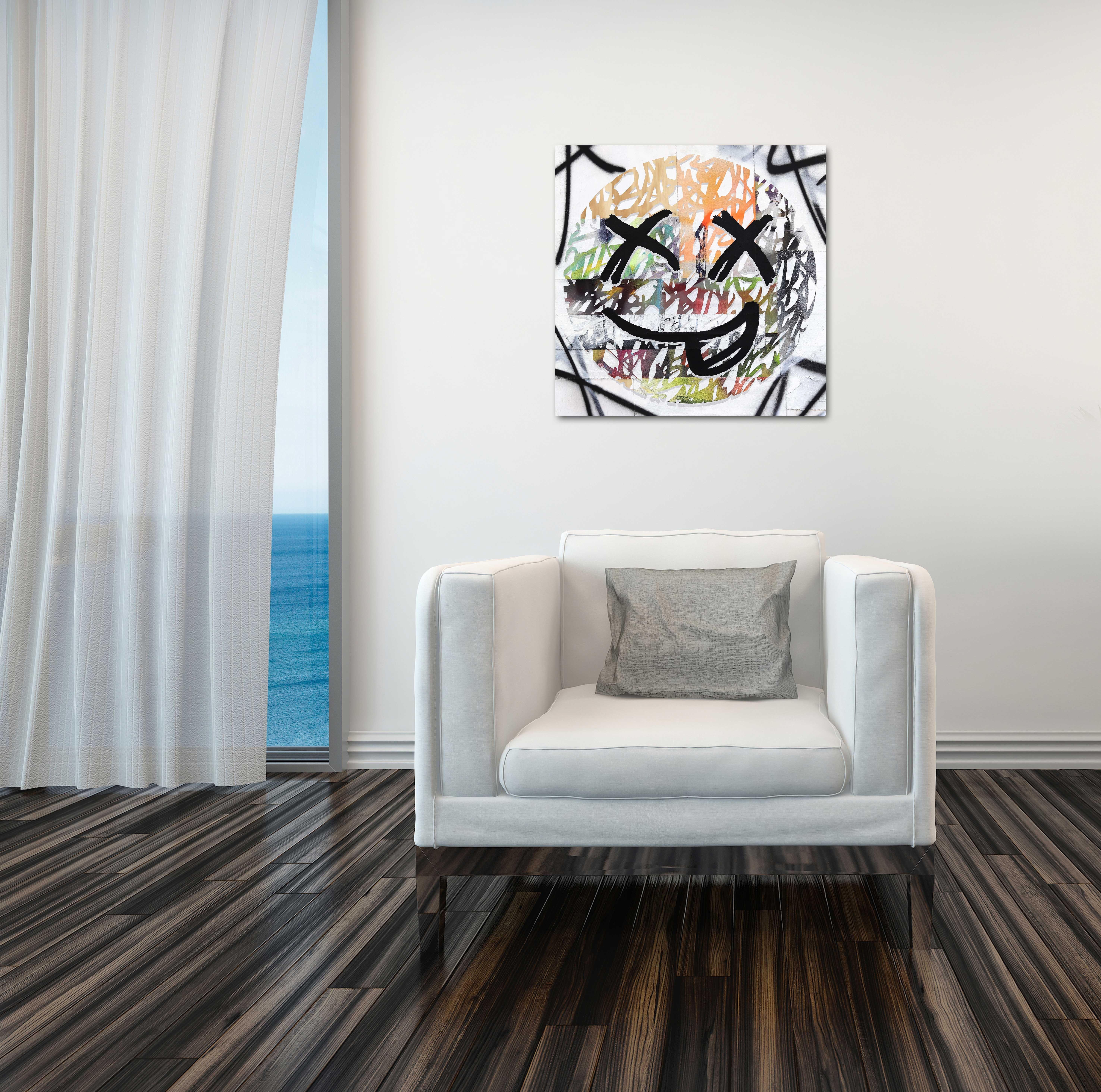 Excited - Abstract Colorful Experimental Smiley Face Pop Art Painting on Wood For Sale 3