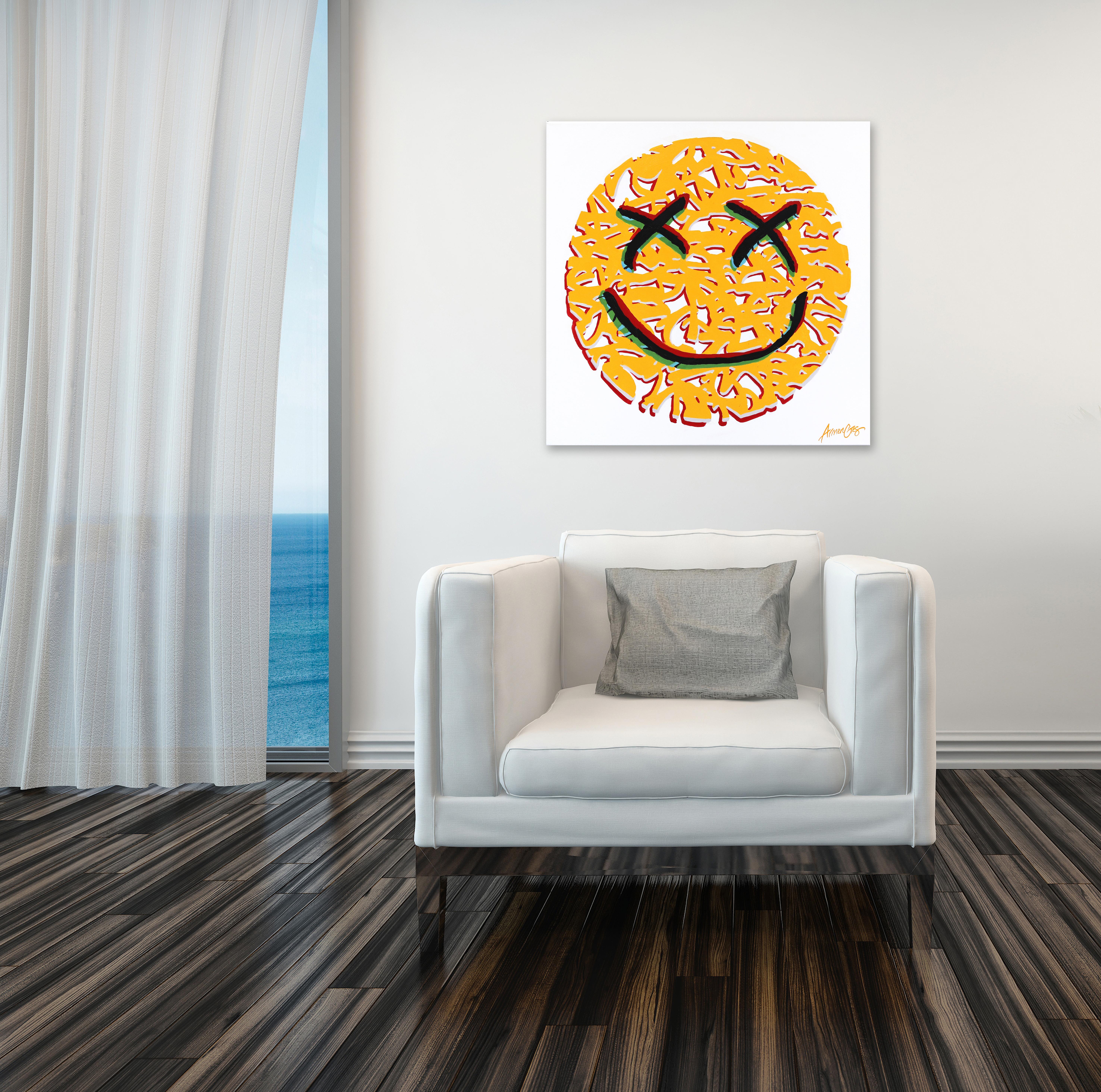 Happy #11 - Street Art Graffiti Happy Face Yellow Abstract Smiley - Painting di Armen Ges