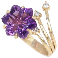 Amethyst Hexagon Diamonds Yellow Gold Forget Me Not Flower Ring Armenian, 2010