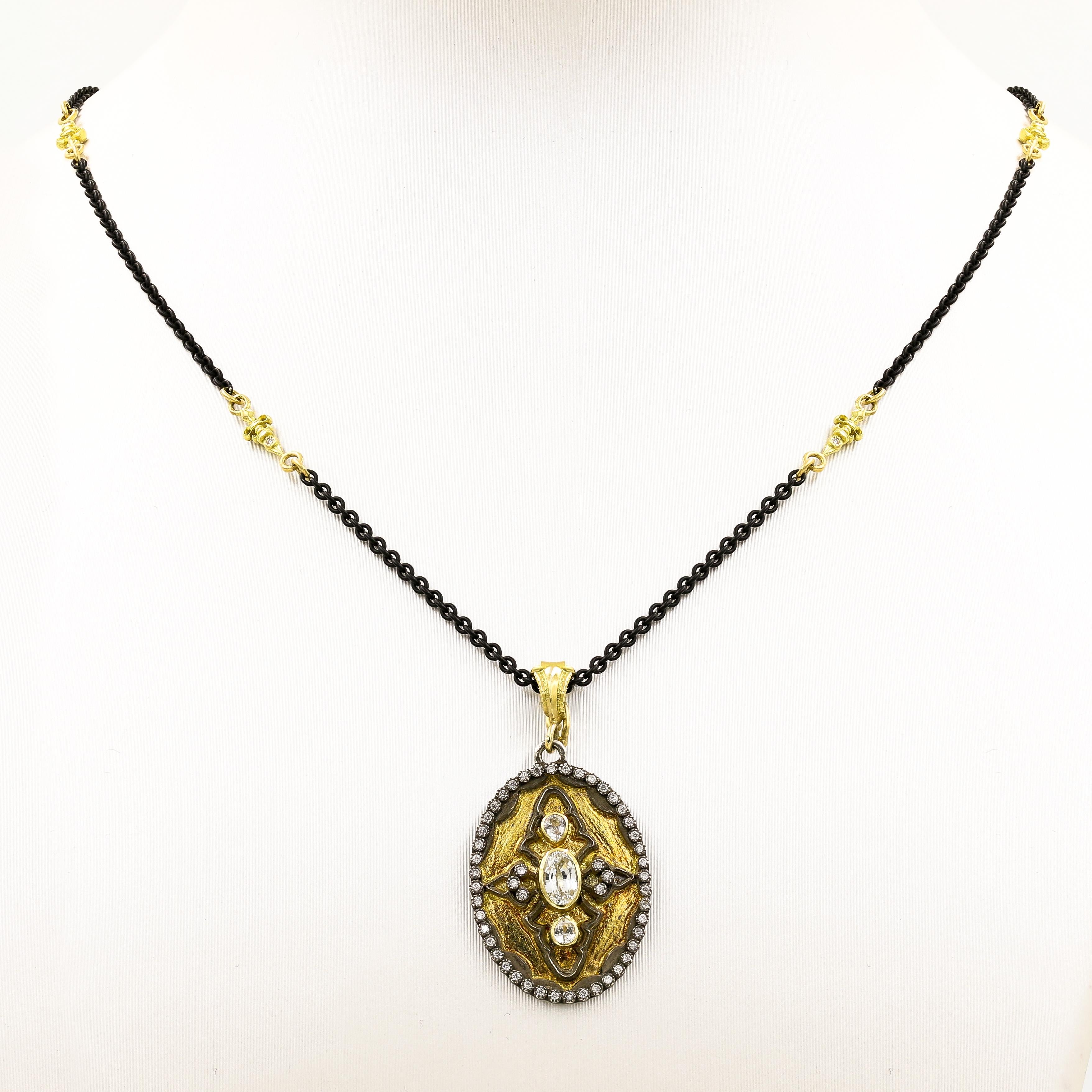 Round Cut Armenta Diamond and White Sapphire 18 Karat Yellow Gold and Silver Necklace