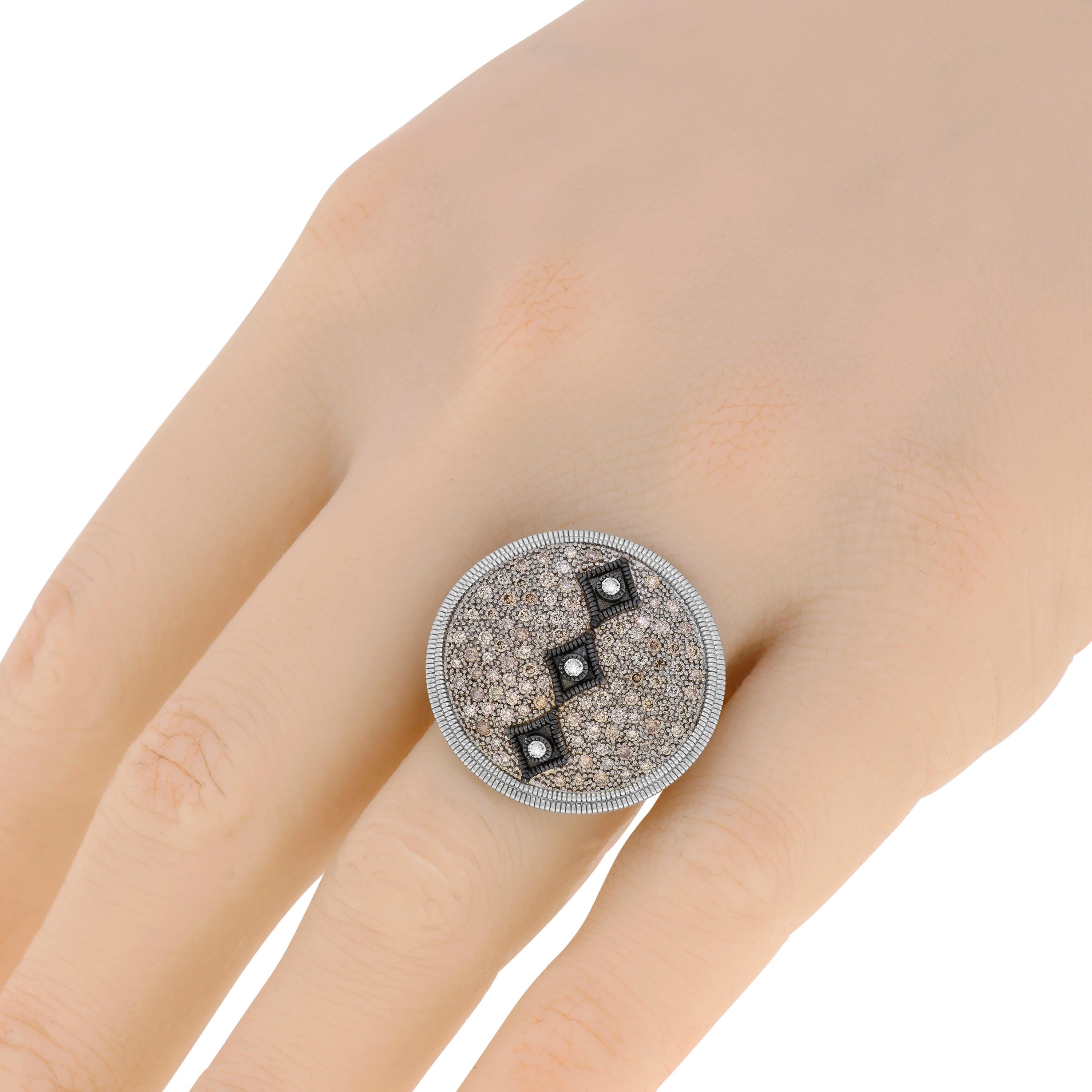 Armenta New World sterling silver statement ring features 0.65ct. tw. pave champagne diamonds set in sterling silver with blackened accents. The ring size is 6.5 (53.1). The decoration diameter is 1