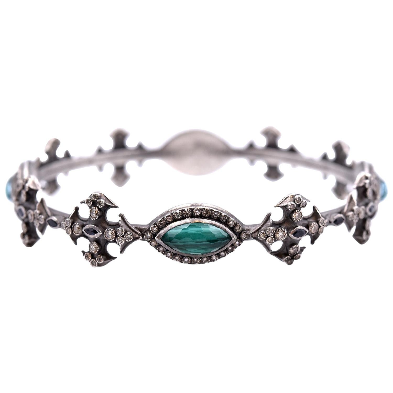 Armenta New World Bracelet en argent sterling, malachite, saphir et diamant champagne en vente