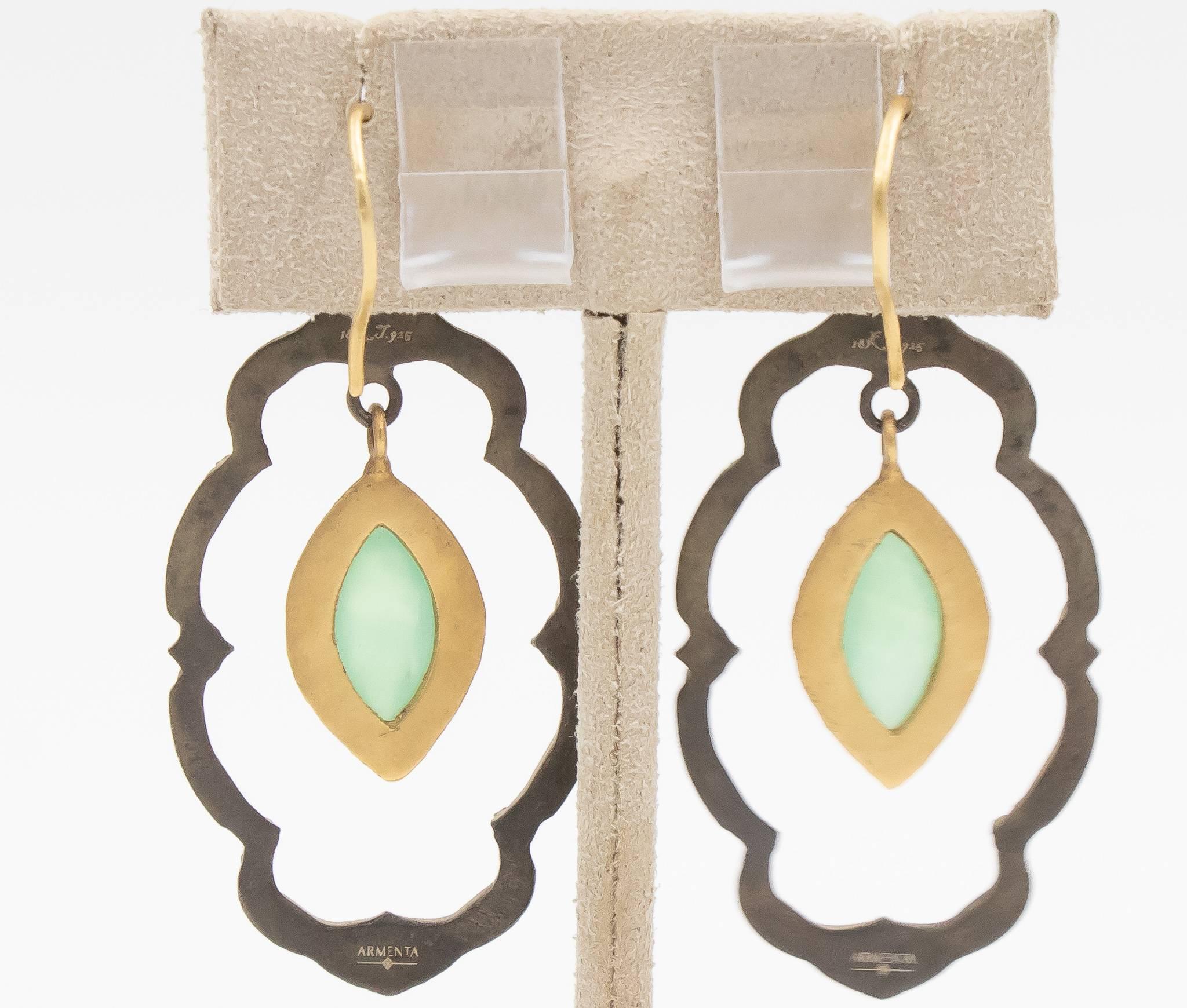 These Armenta Old World earrings are so fun and interesting to wear!  The gemstone layering of the green chrysoprase and moonstone really give this a unique style which captures your attention.  There are diamonds set throughout the design on the