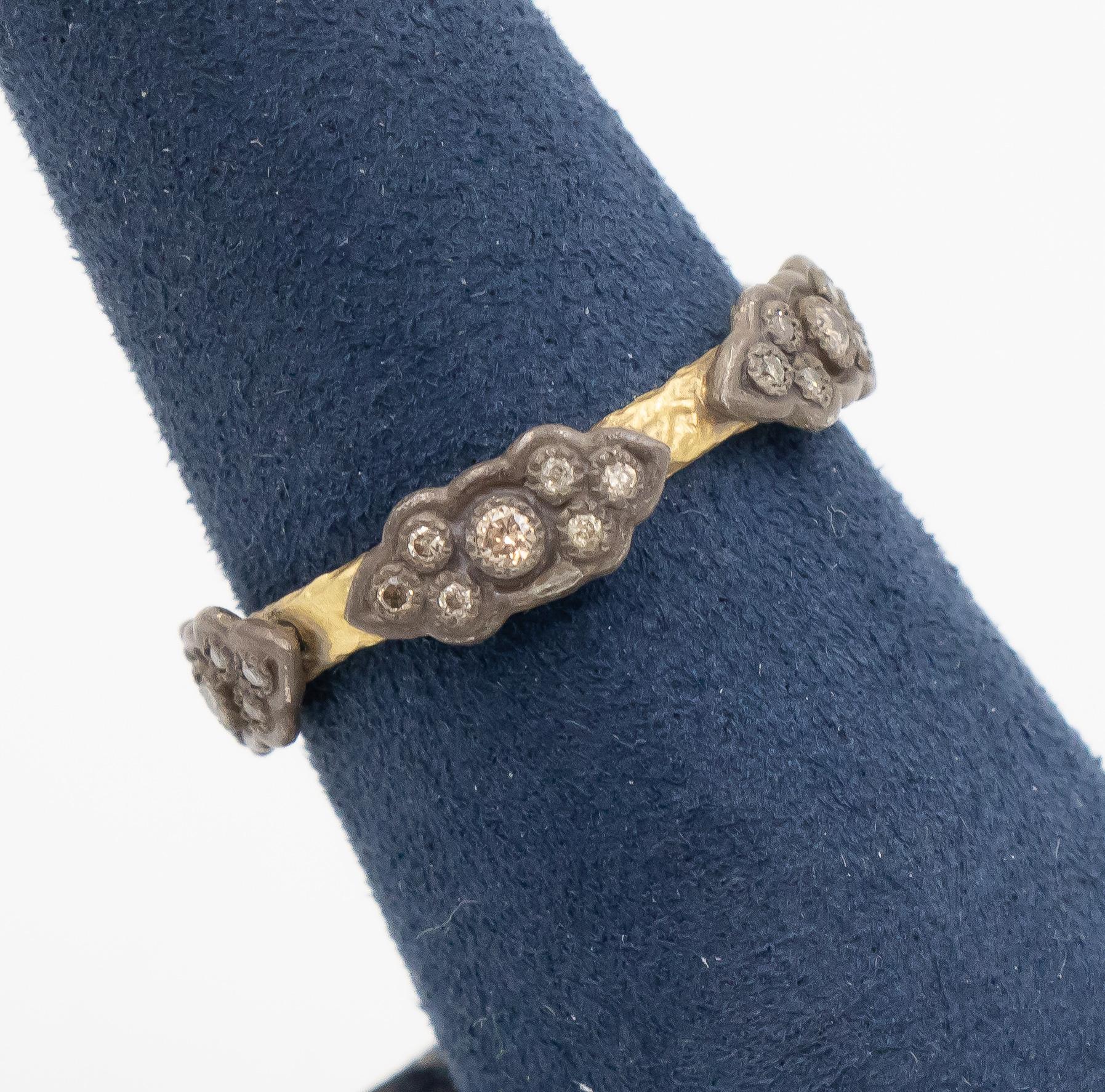 This Old World collection Armenta ring in 18k yellow gold and oxidized silver is luxurious, fun and quite beautiful. The ring has 5 stations featuring champagne diamonds accented by small white diamonds set on the rustic blackened silver.  The 18k