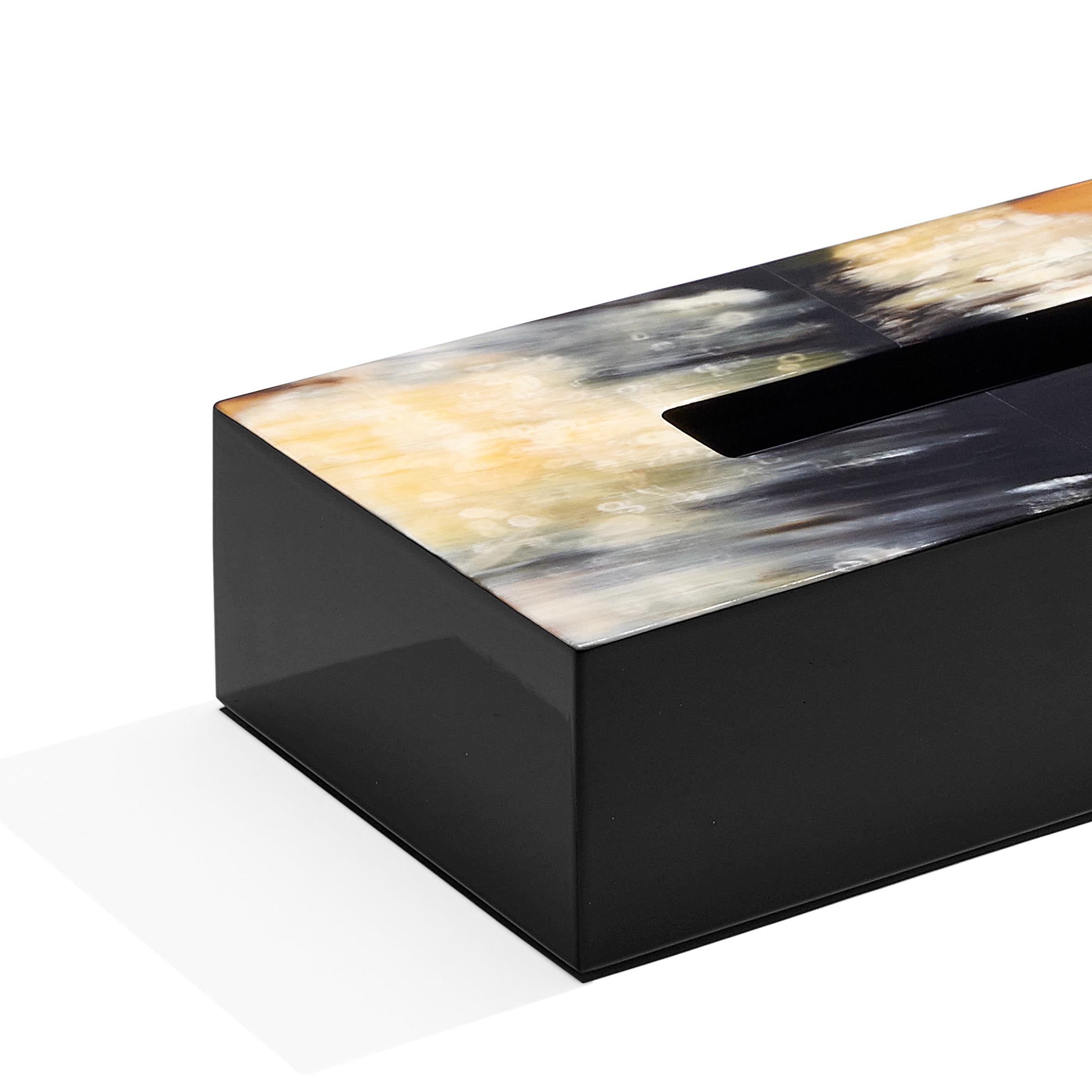 Contemporary Armida Tissue Box Holder in Black Lacquered Wood and Corno Italiano, Mod. 1957 For Sale