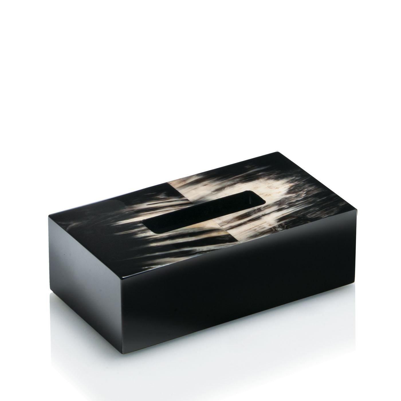 Armida Tissue Box Holder in Black Lacquered Wood and Corno Italiano, Mod. 1957 For Sale 1