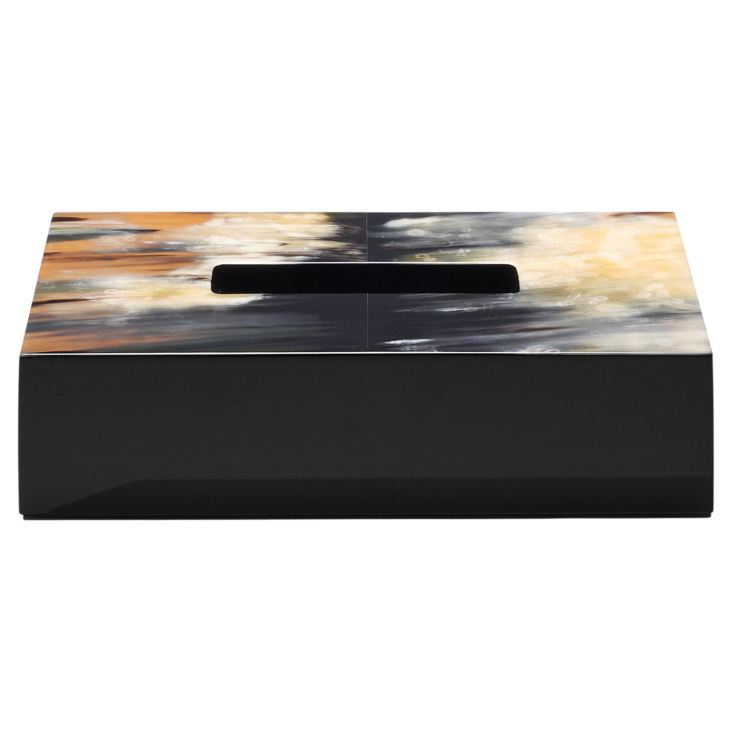 Armida Tissue Box Holder in Black Lacquered Wood and Corno Italiano, Mod. 1957