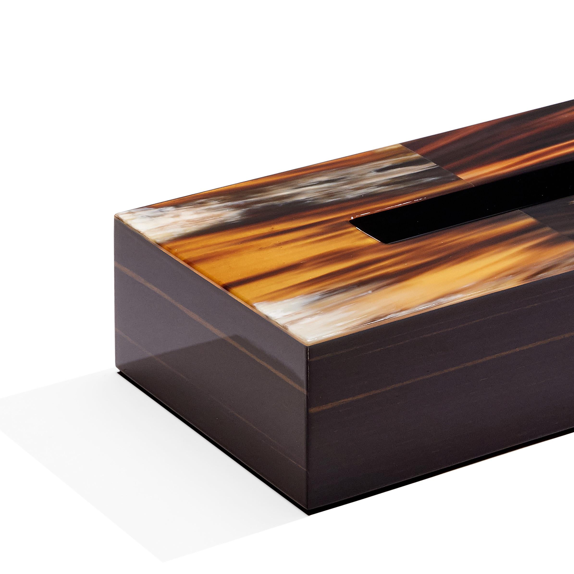 Hand-Crafted Armida Tissue Box Holder in Glossy Ebony and Corno Italiano, Mod. 4775 For Sale