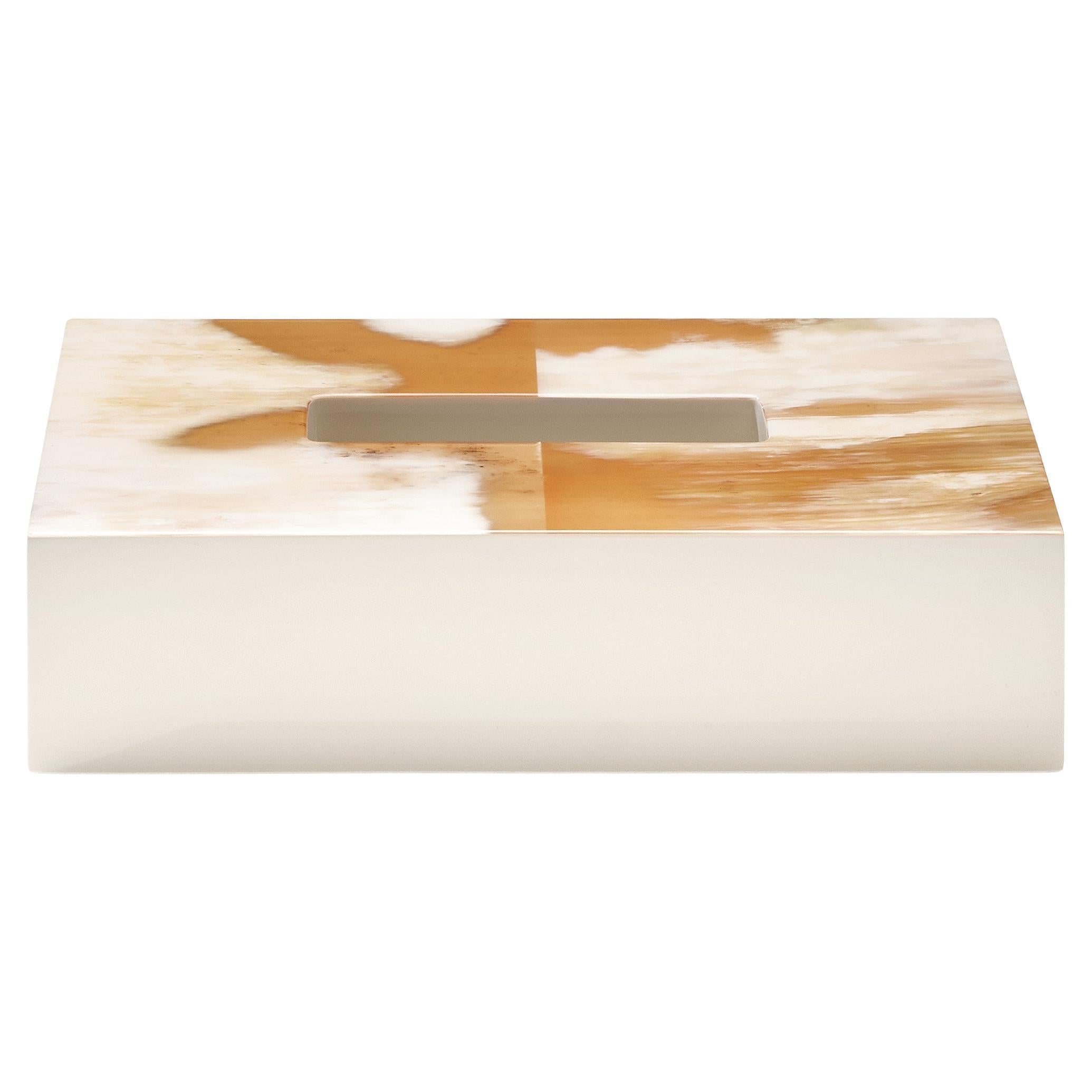 Armida Tissue Box Holder in Ivory Lacquered Wood and Corno Italiano, Mod. 1778 For Sale