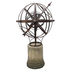 Antique Armillary Sphere Cast Iron Stone Pedestal Orrery Classical Garden