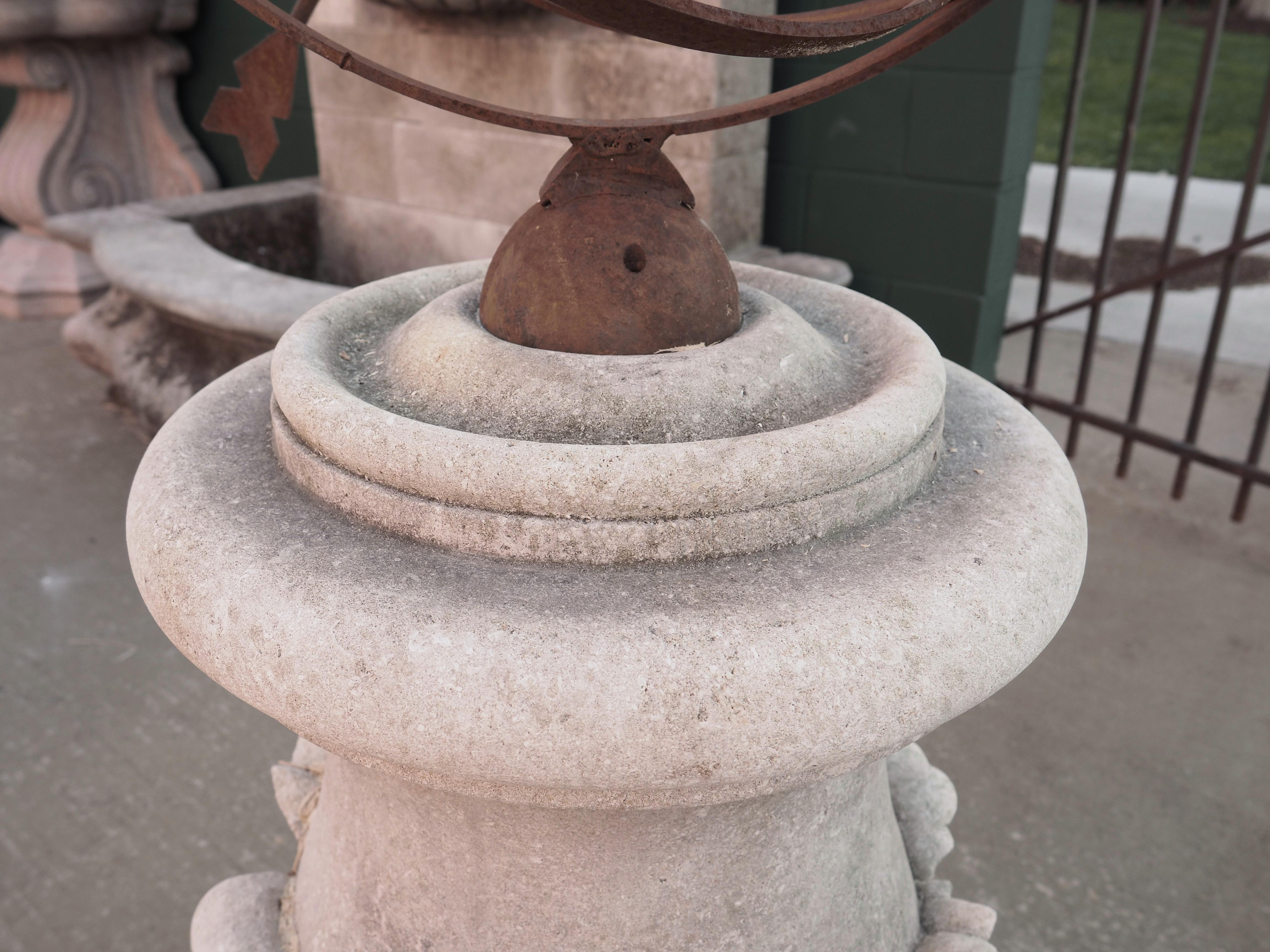 Hand-Carved Armillary Sundial with Carved Acanthus Leaf Decor and Wrought Iron Sphere