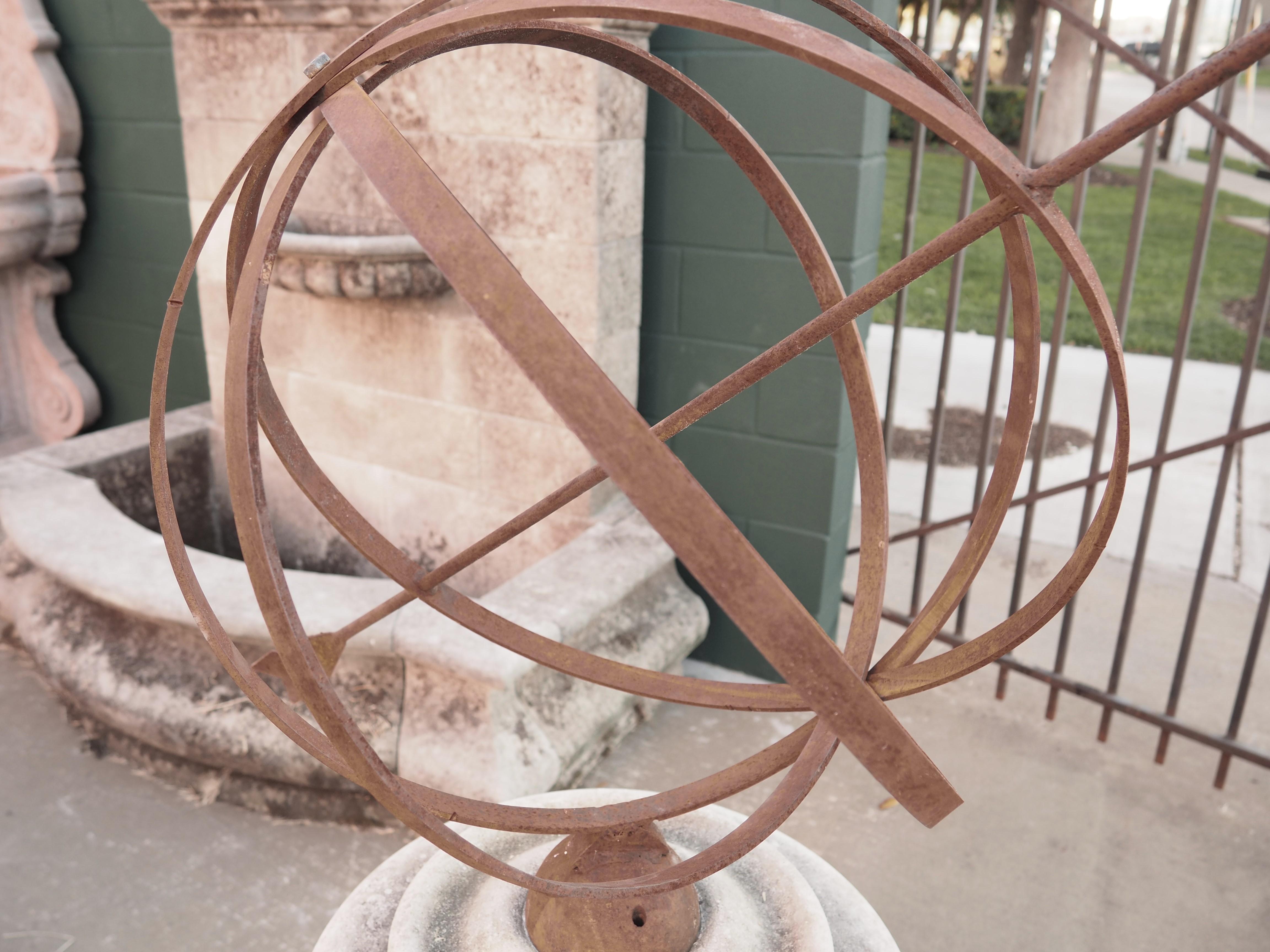 Armillary Sundial with Carved Acanthus Leaf Decor and Wrought Iron Sphere In Good Condition In Dallas, TX