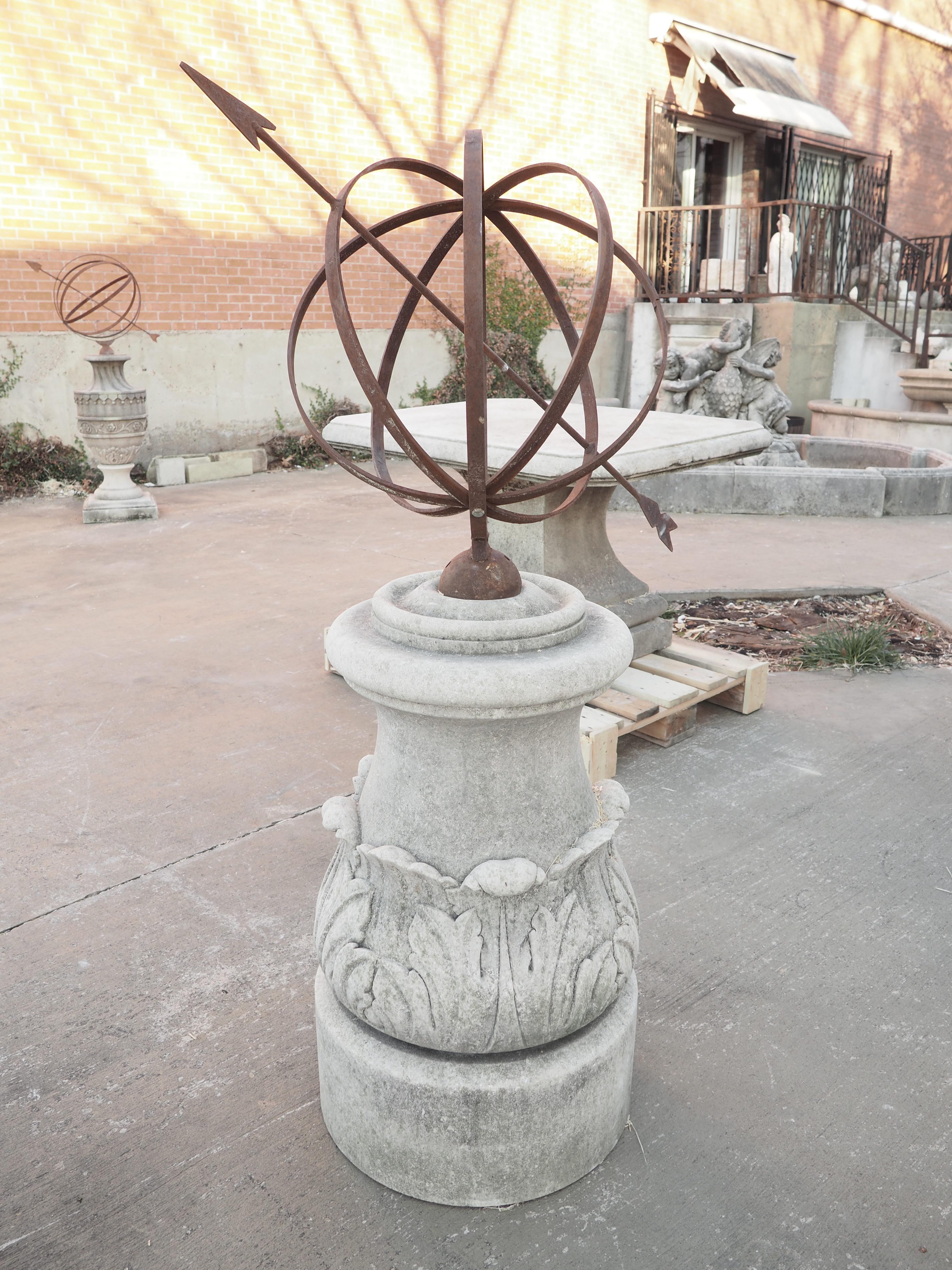Contemporary Armillary Sundial with Carved Acanthus Leaf Decor and Wrought Iron Sphere