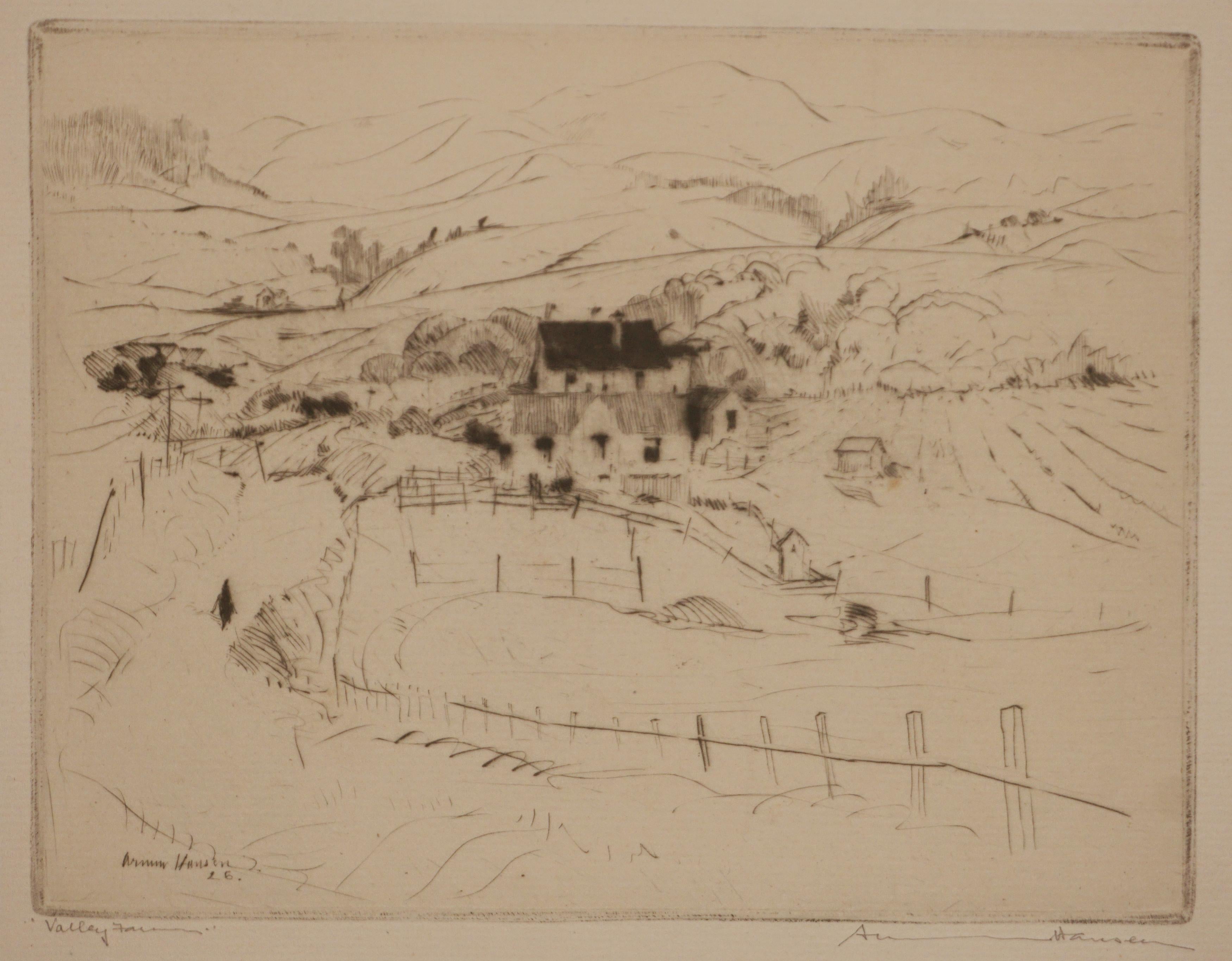 Early 20th Century Signed Etching By Armin Carl Hansen -- Valley Farm - Print by Armin Hansen