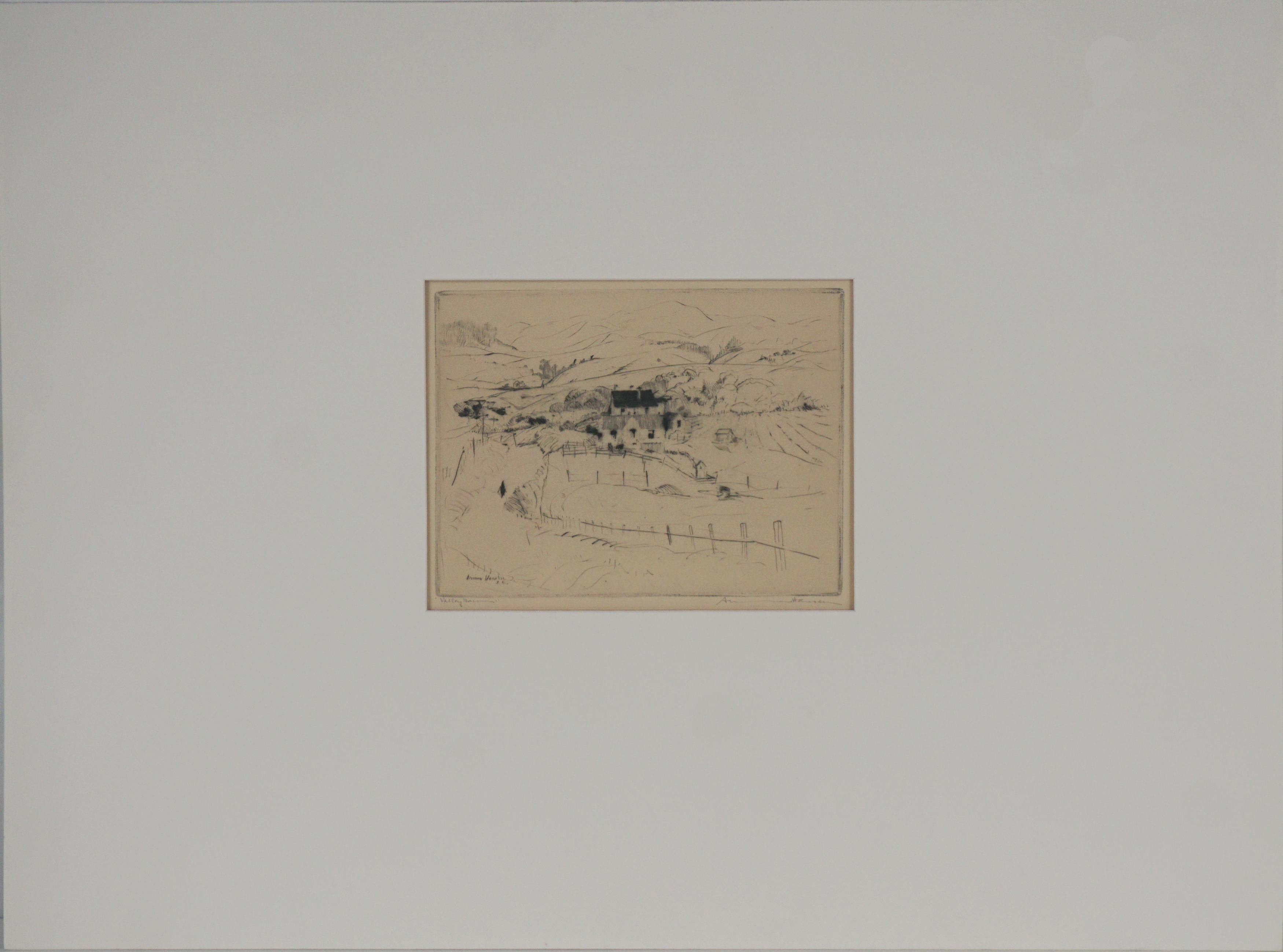 Early 20th Century Signed Etching By Armin Carl Hansen -- Valley Farm - American Impressionist Print by Armin Hansen